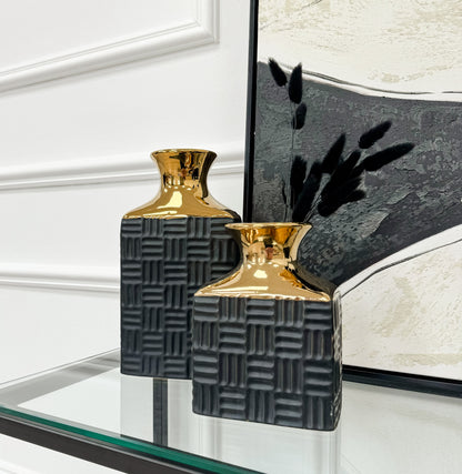 Tall Rectangular Black and Gold Textured Vase