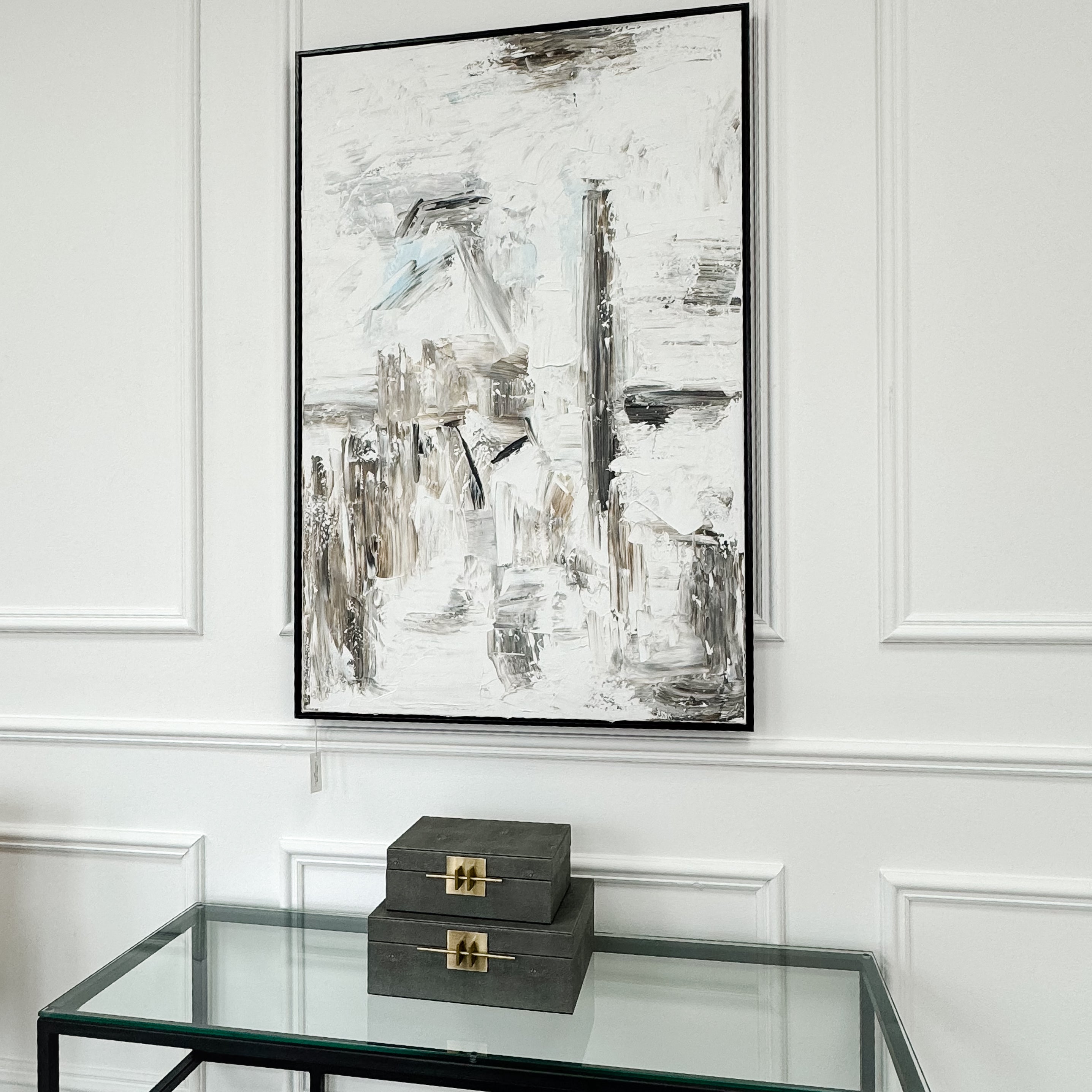 Muted White and Grey Brushwork Black Framed Wall Art