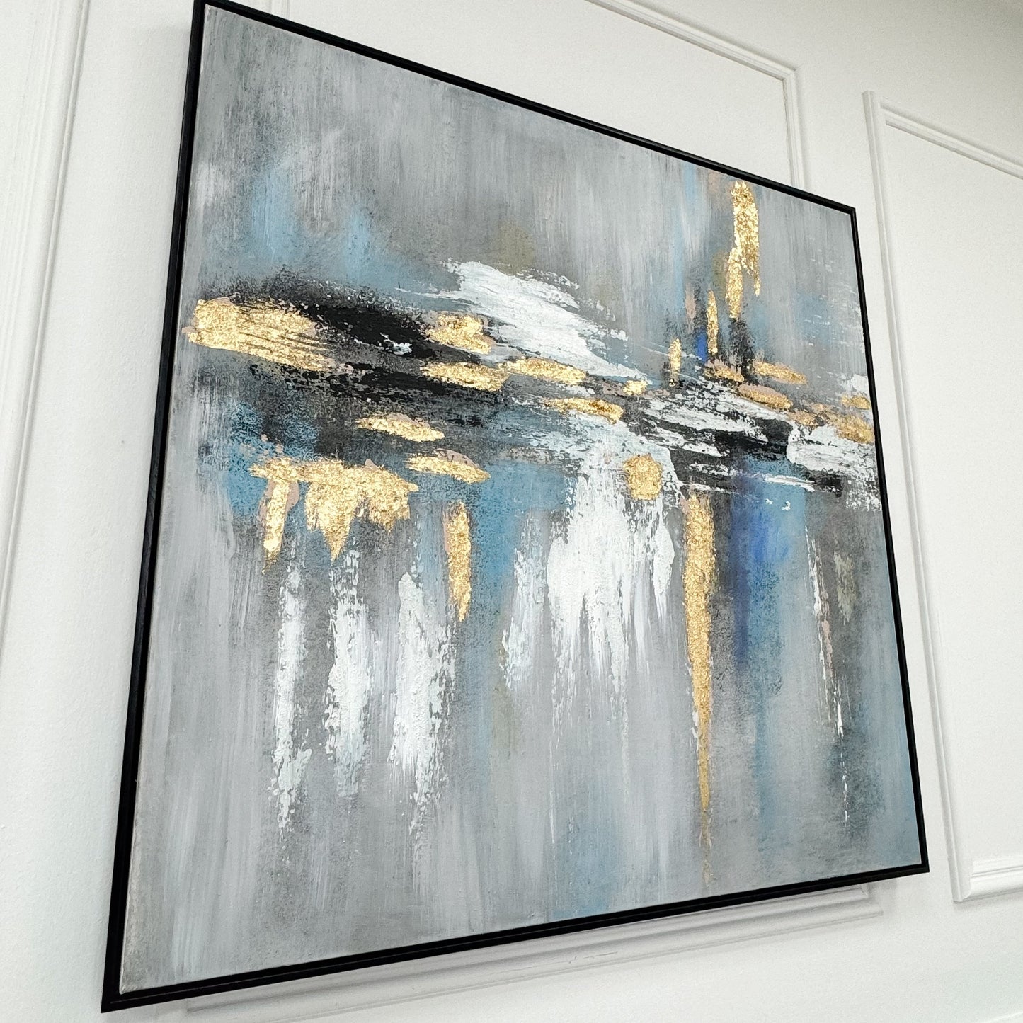 Black Framed Abstract Canvas with Gold and Blue Tones