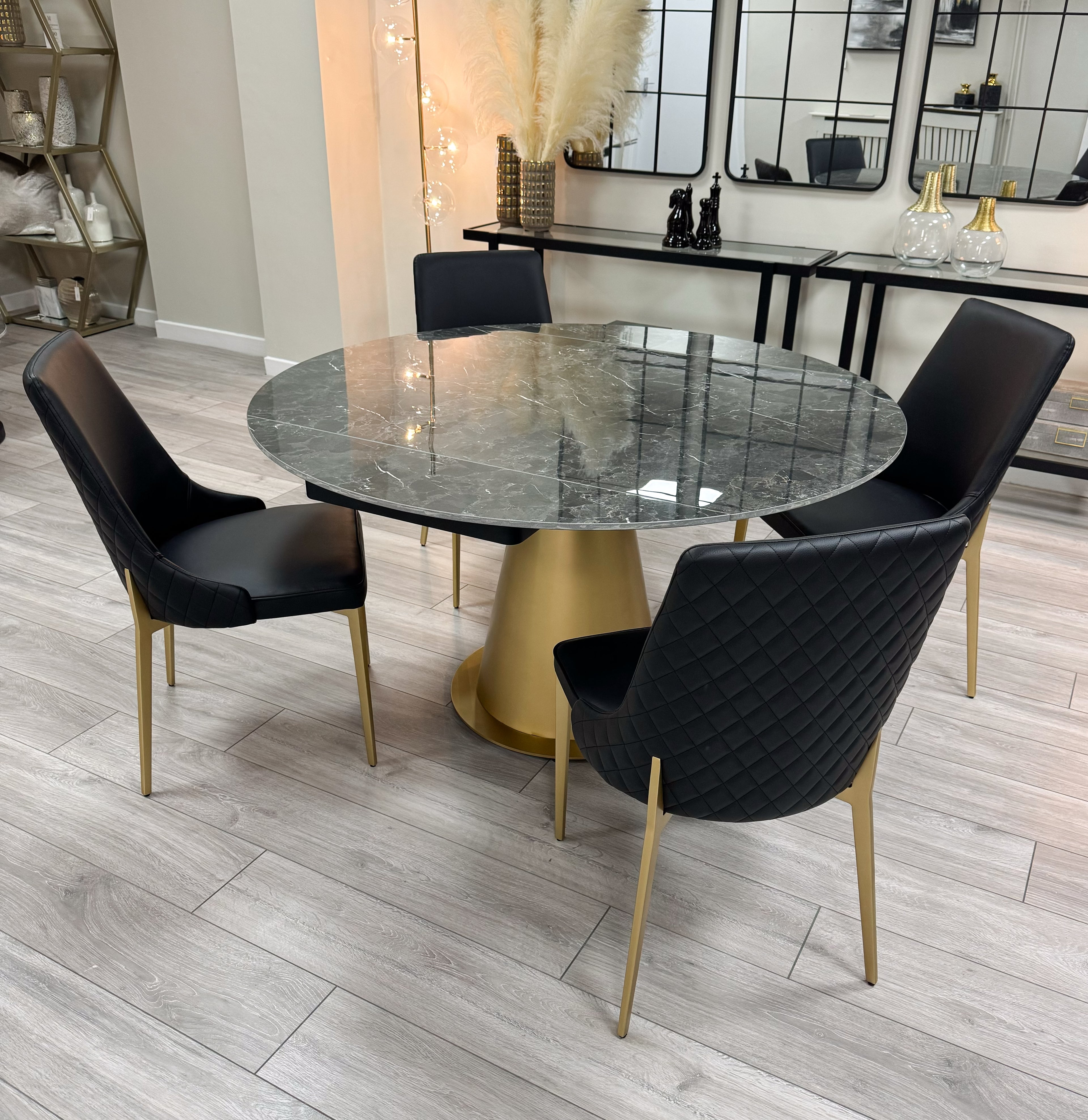 Black Ceramic Marble Effect Extending Table with 4 Black Faux Leather Chair Set