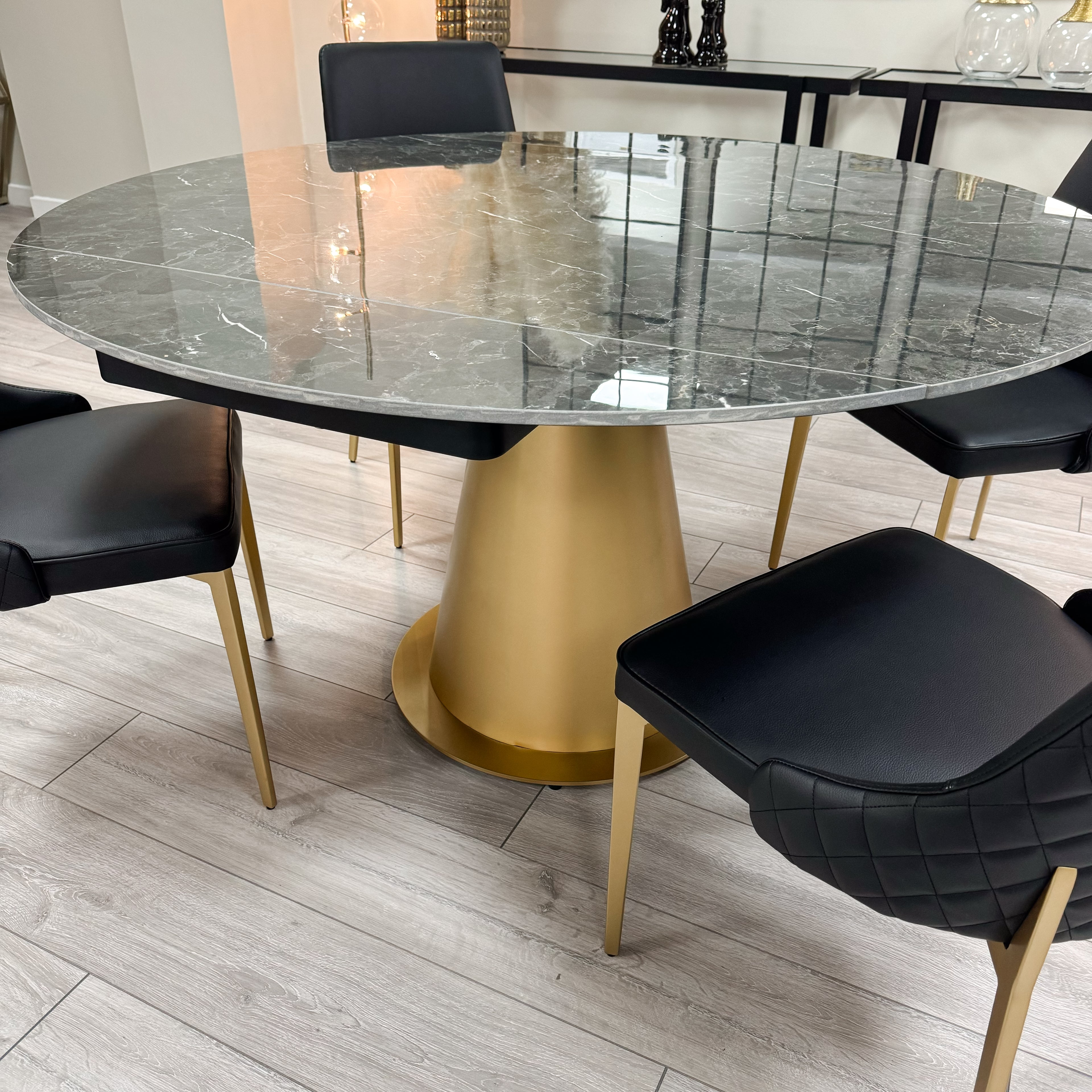 Black Ceramic Marble Effect Extending Table with 4 Black Faux Leather Chair Set