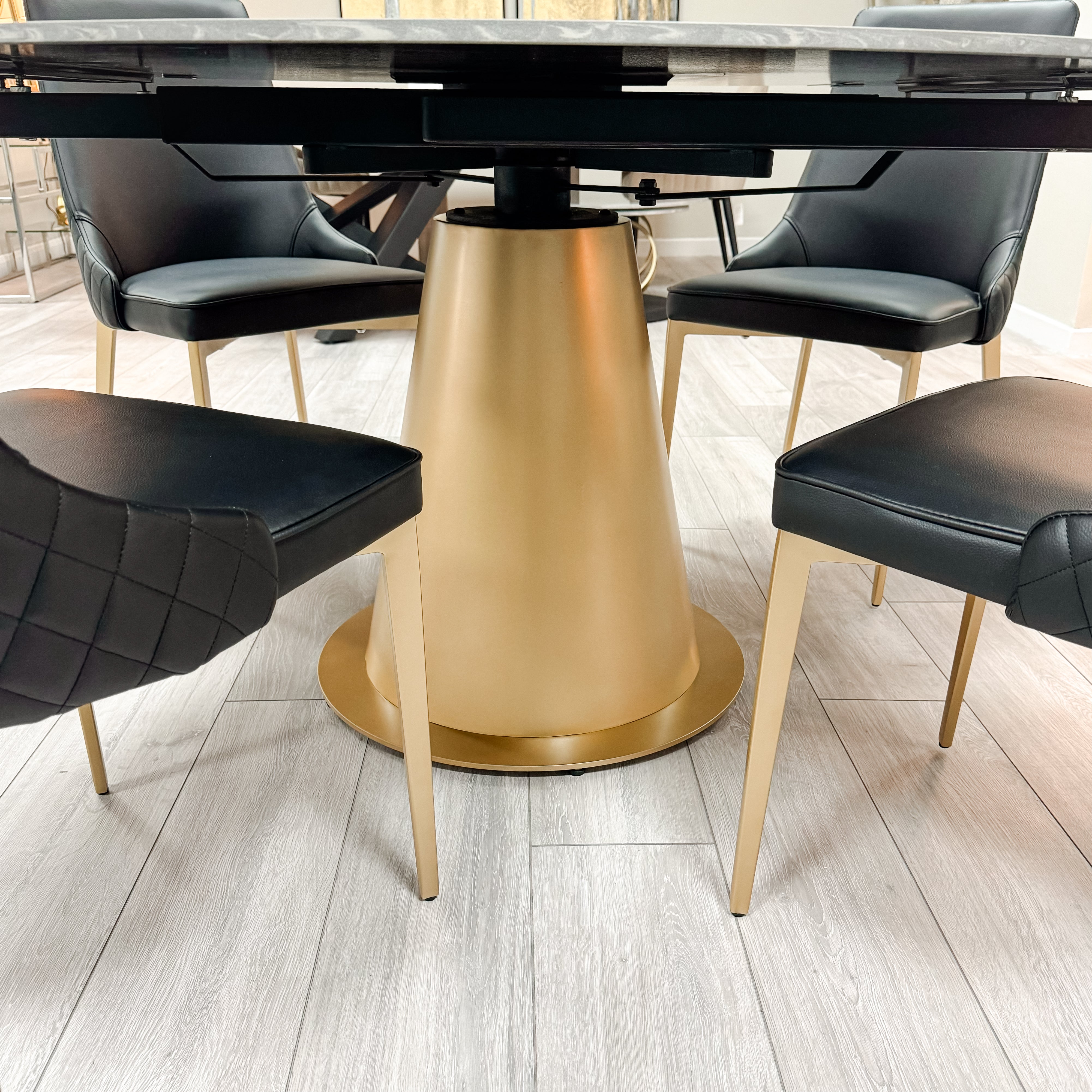 Black Ceramic Marble Effect Extending Table with 4 Black Faux Leather Chair Set