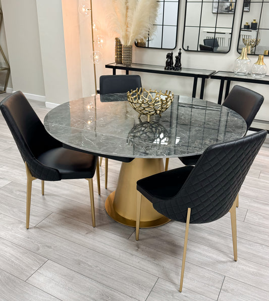 Black Ceramic Marble Effect Round Extending Dining Table With Gold Base