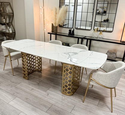 White Ceramic Marble Effect Extending Dining Table Gold Base