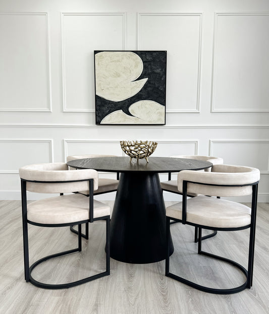 Black Round Wooden Dining Table with Wooden Base and 4 Cream Curved Velvet Dining Chair Set