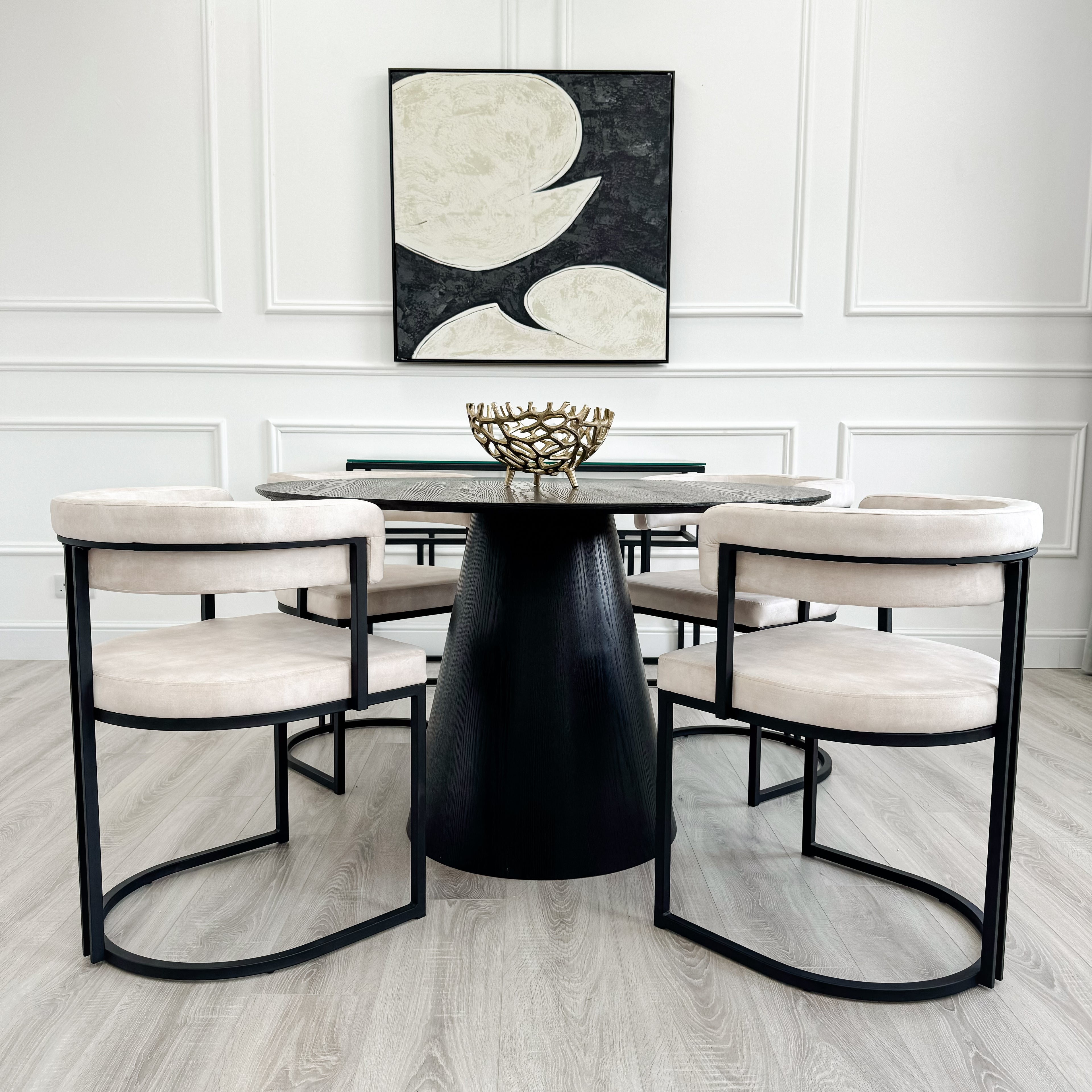 Casa Black Round Wooden Dining Table with Wooden Base and 4 Cream Curved Velvet Dining Chair Set