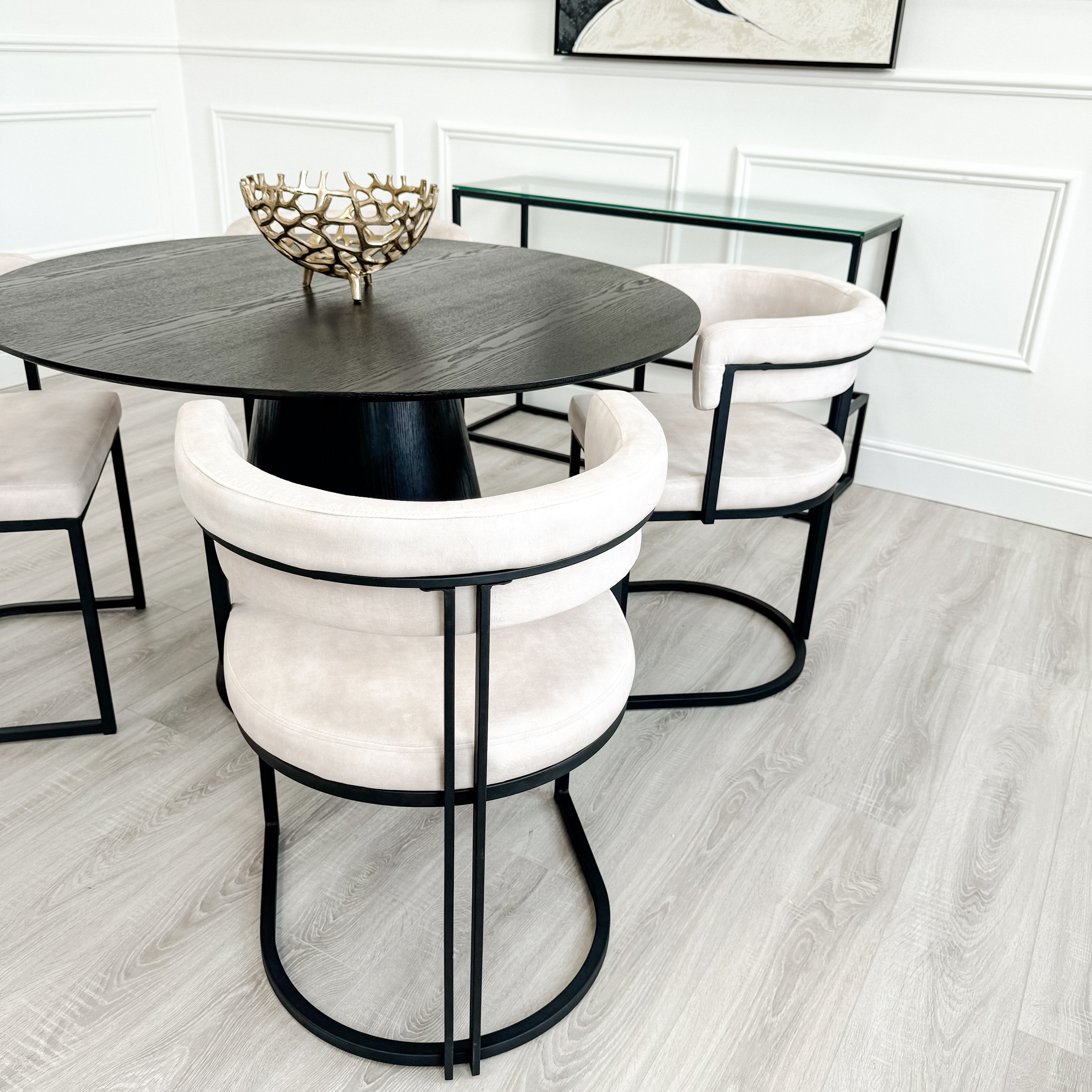 Casa Black Round Wooden Dining Table with Wooden Base and 4 Cream Curved Velvet Dining Chair Set