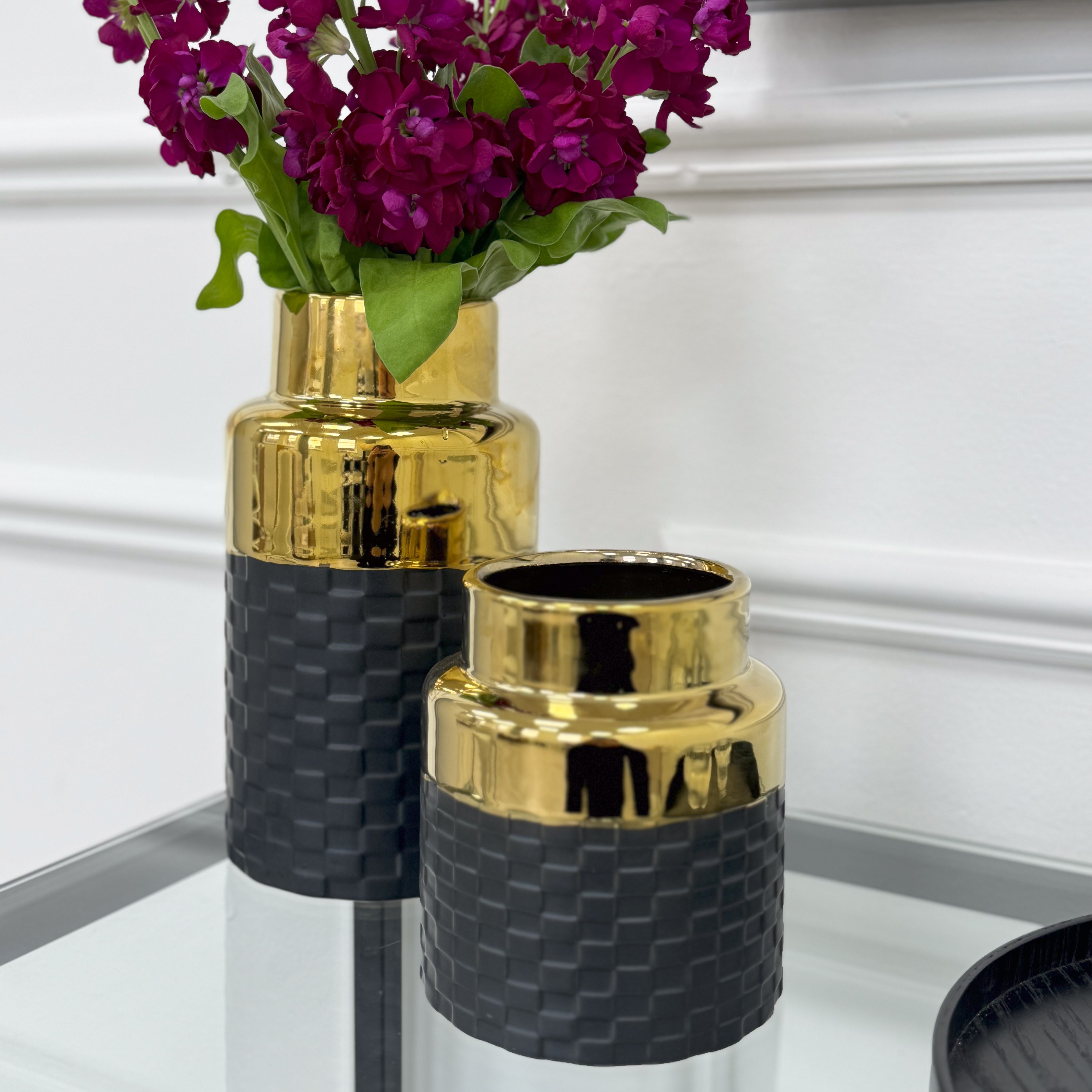 Small Round Black and Gold Textured Vase
