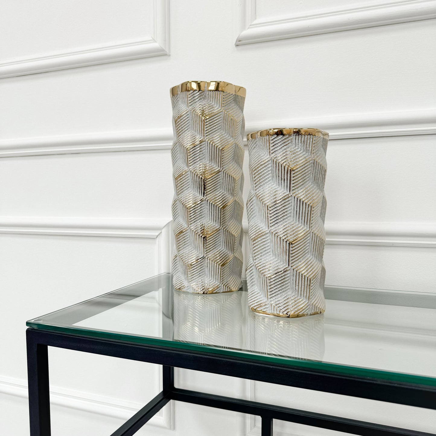 Tall Geometric Light Grey and Gold Vase