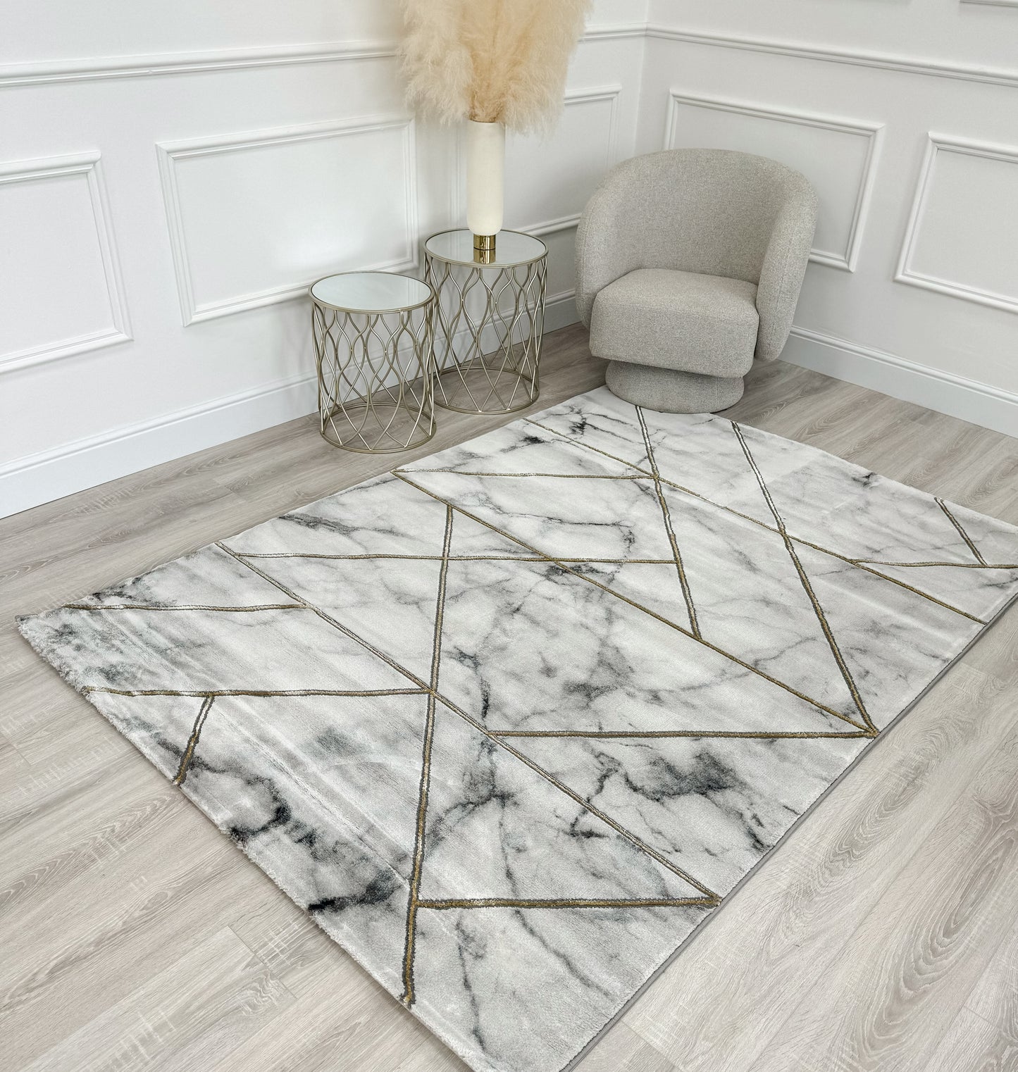 Light Grey & Gold Marble Effect Geometric Rug 160 x 220