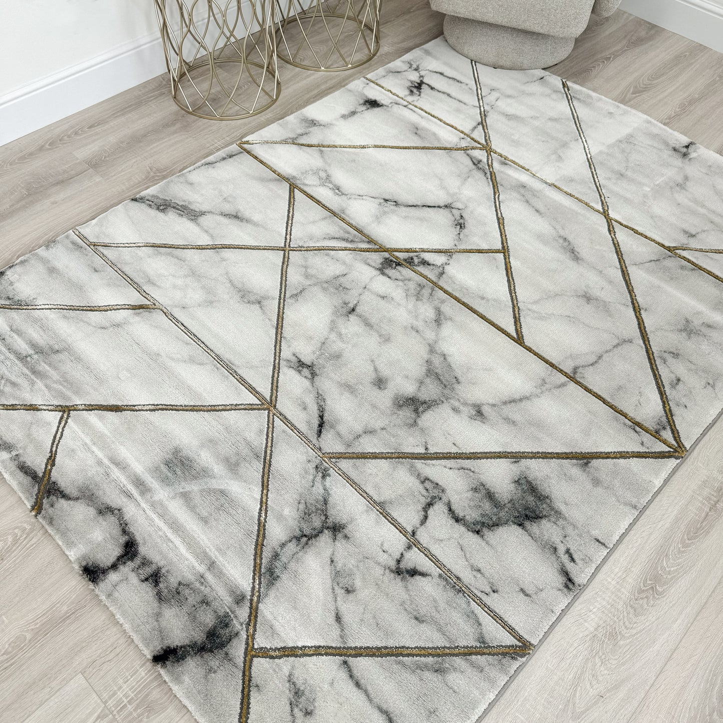 Light Grey & Gold Marble Effect Geometric Rug 160 x 220