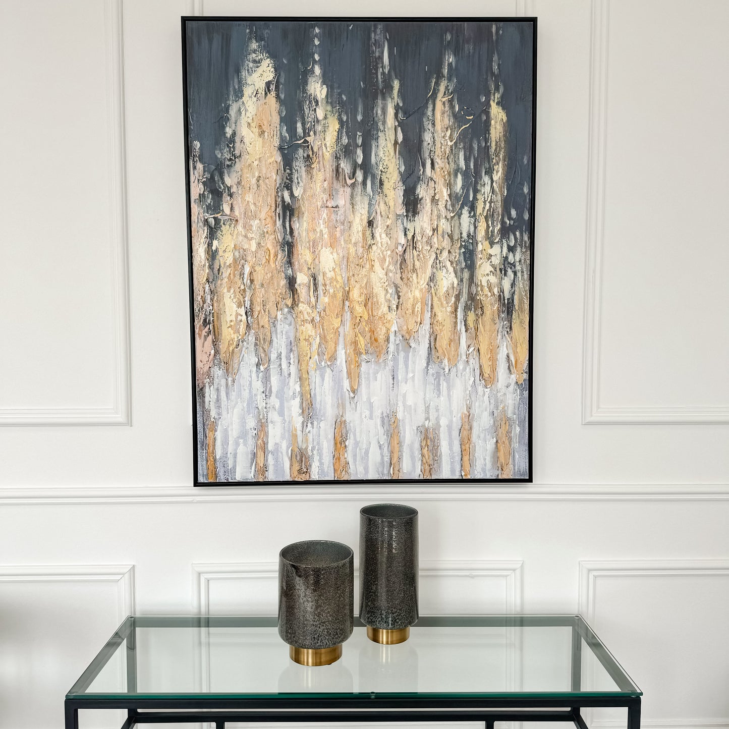 Large Abstract Canvas with Bold Gold Accents with Black Frame