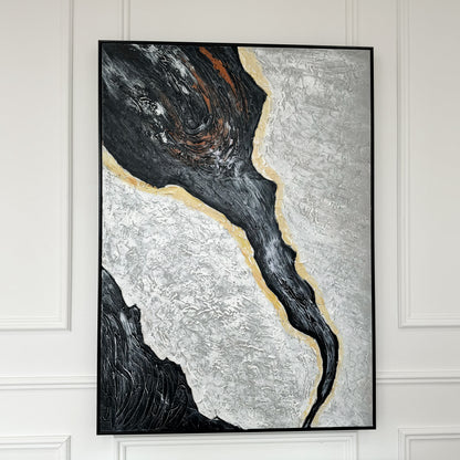 Black and Grey Abstract Canvas with Bright Accents and Black Frame