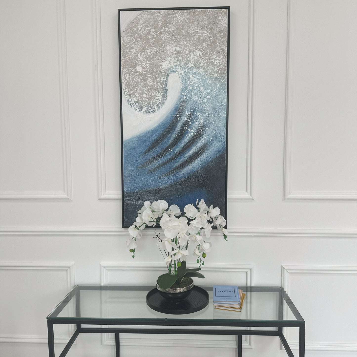 Blue and Cream Wave Black Framed Canvas