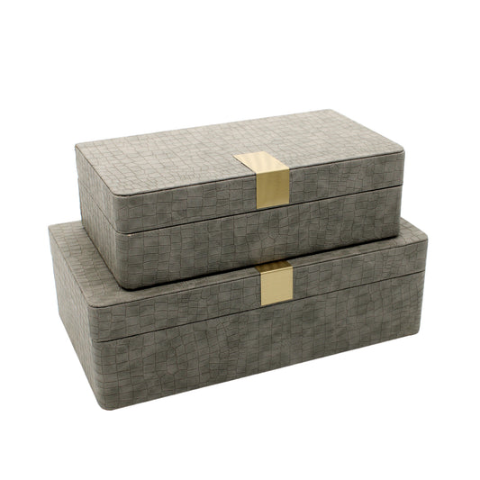 Set of 2 Grey Faux Leather Jewellery Boxes with Gold Buckle