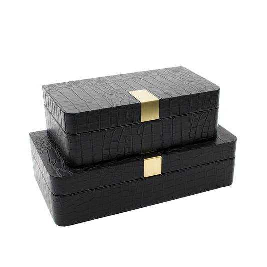 Set of 2 Black Faux Leather Jewellery Boxes with Gold Buckle