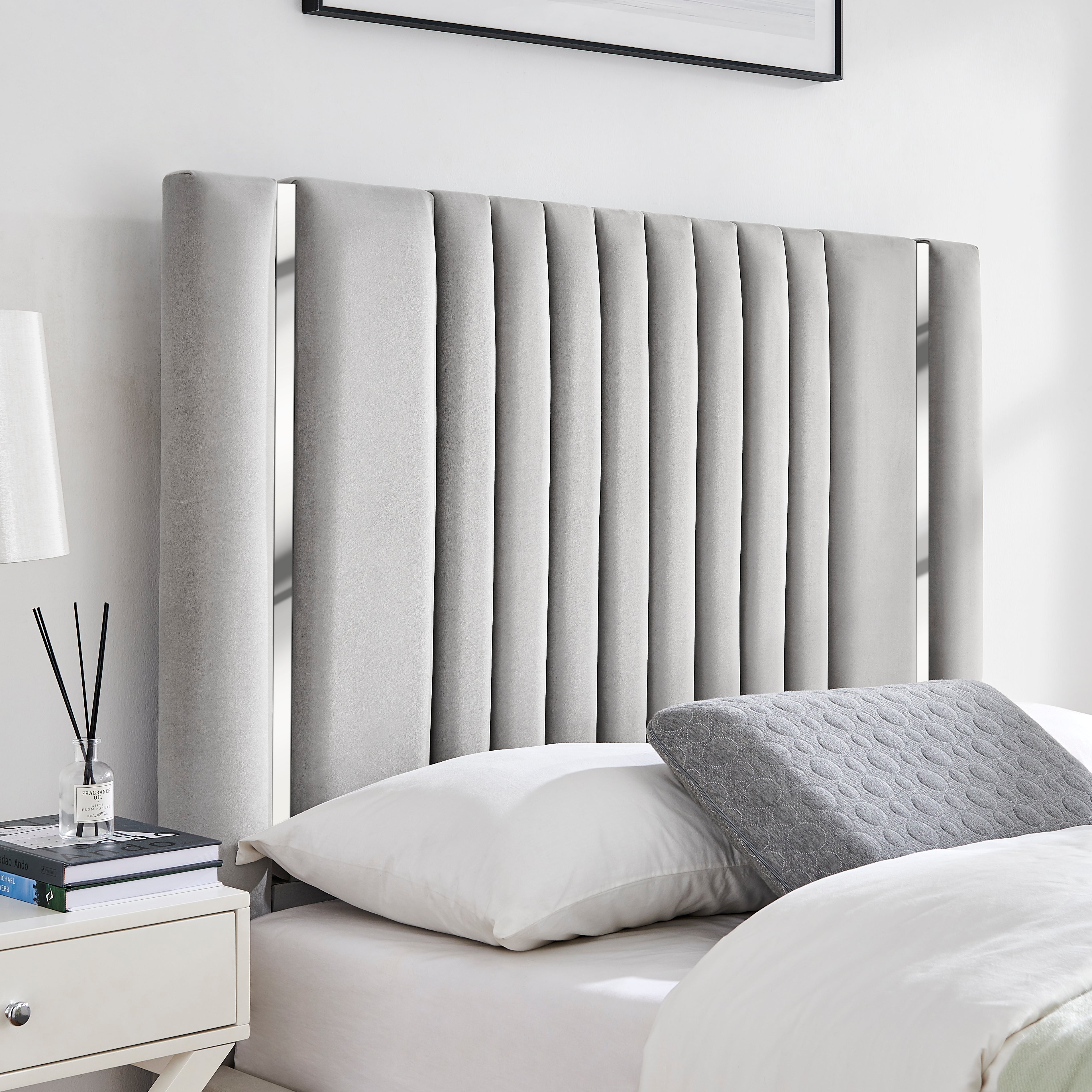 Gabriella Light Grey Ottoman Storage Bed with Chrome Detail