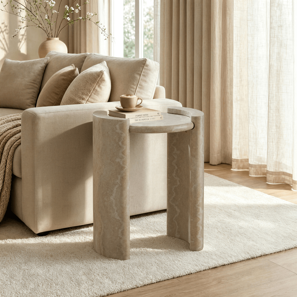 Libra Round Side Table Travertine Effect