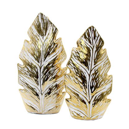 Large Ceramic Leaf Design With Gold and White Glaze