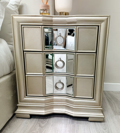 Champagne Gold Wood 3 Drawer Bedside Cabinet With Mirror Insert EX DISPLAY