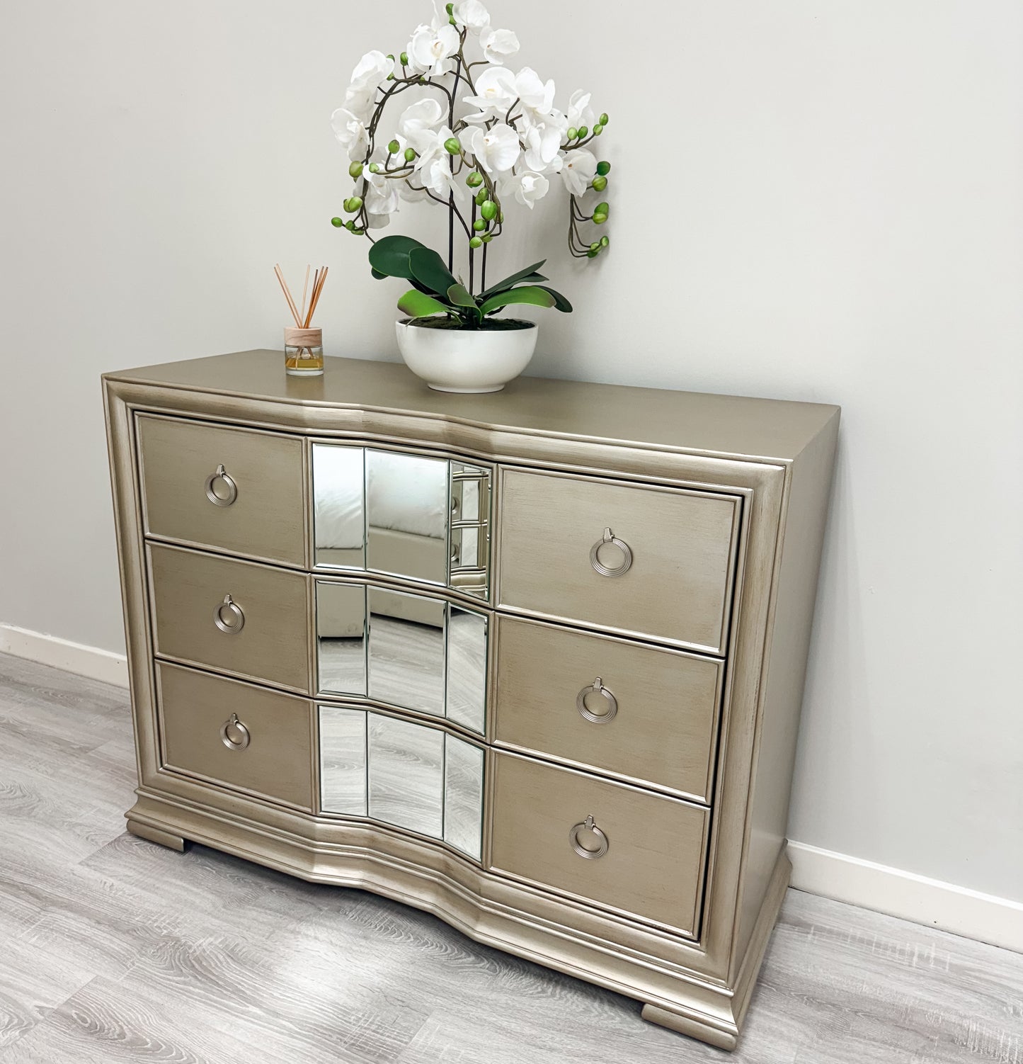 Champagne Gold Wood 3 Drawer Dresser With Mirror Insert EX DISPLAY