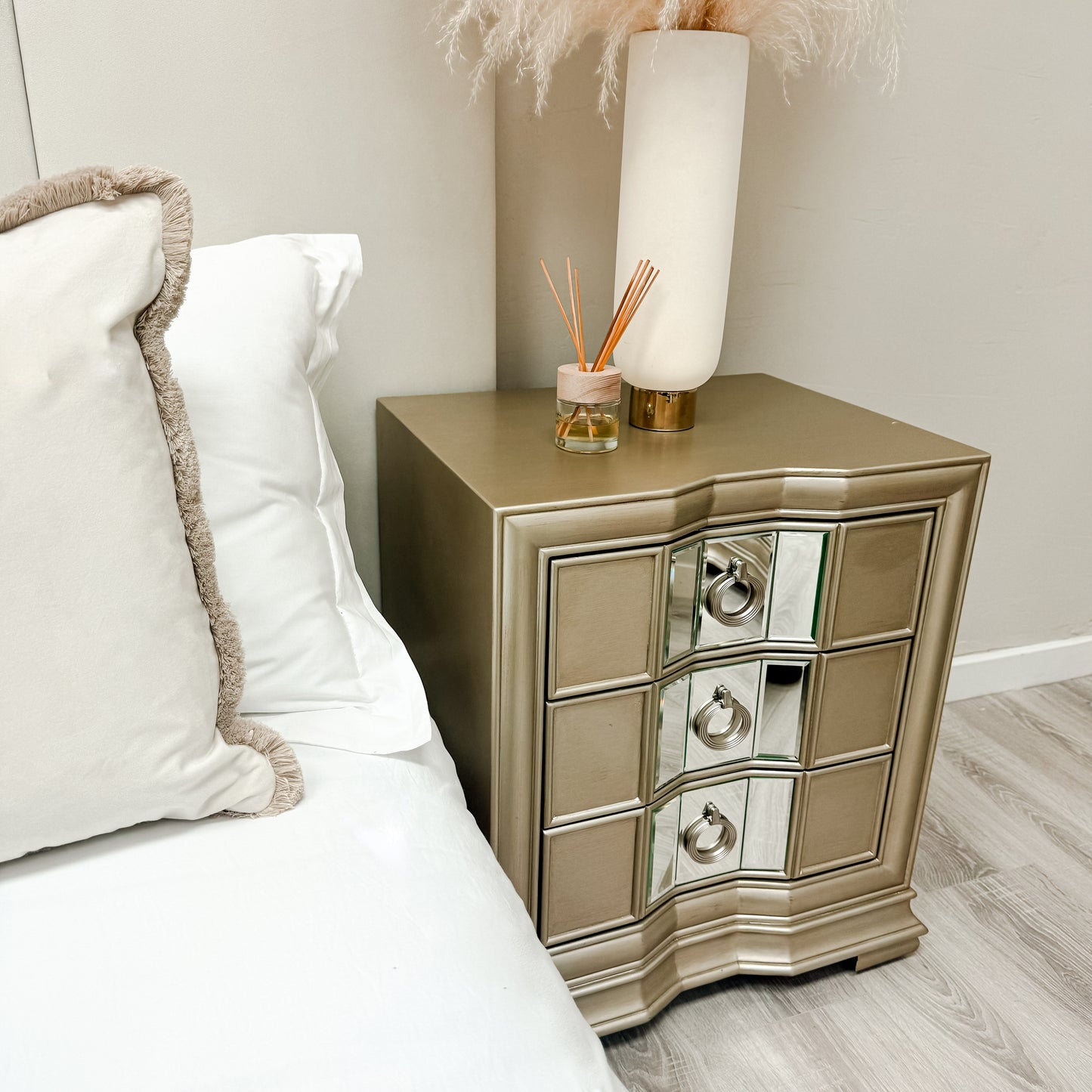 Champagne Gold Wood 3 Drawer Bedside Cabinet With Mirror Insert EX DISPLAY