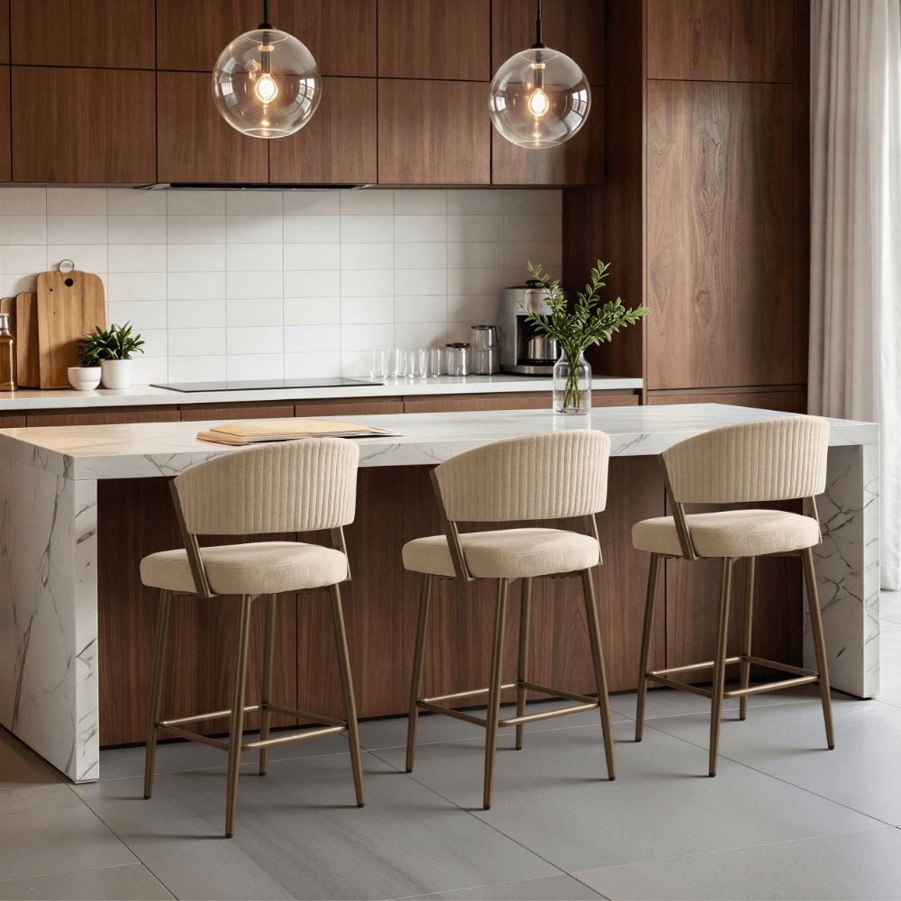 Maria Cream Curved Chenille Bronze Barstool