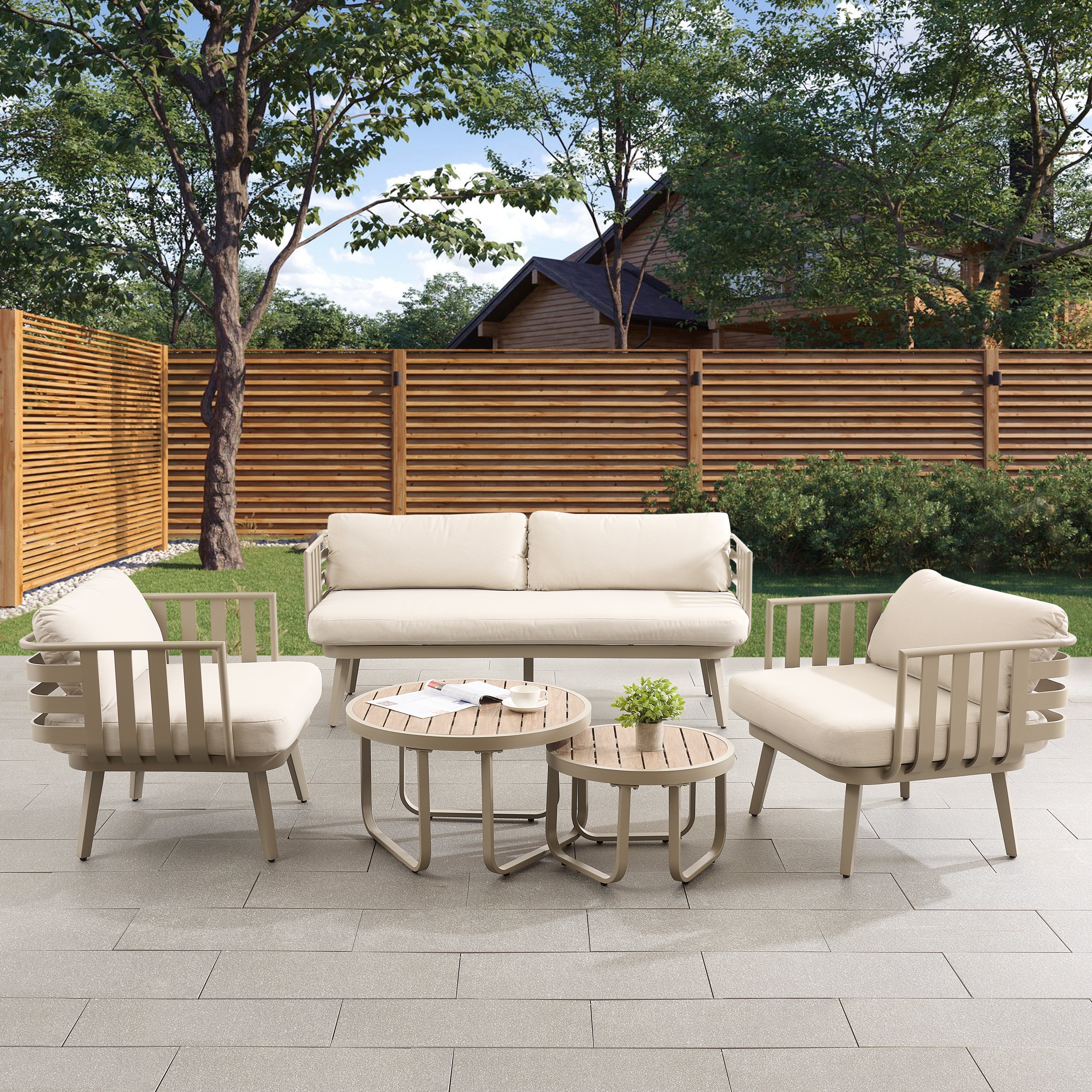 Venice Beige Aluminium 5 Seater Garden Sofa Set With Beige Cushions