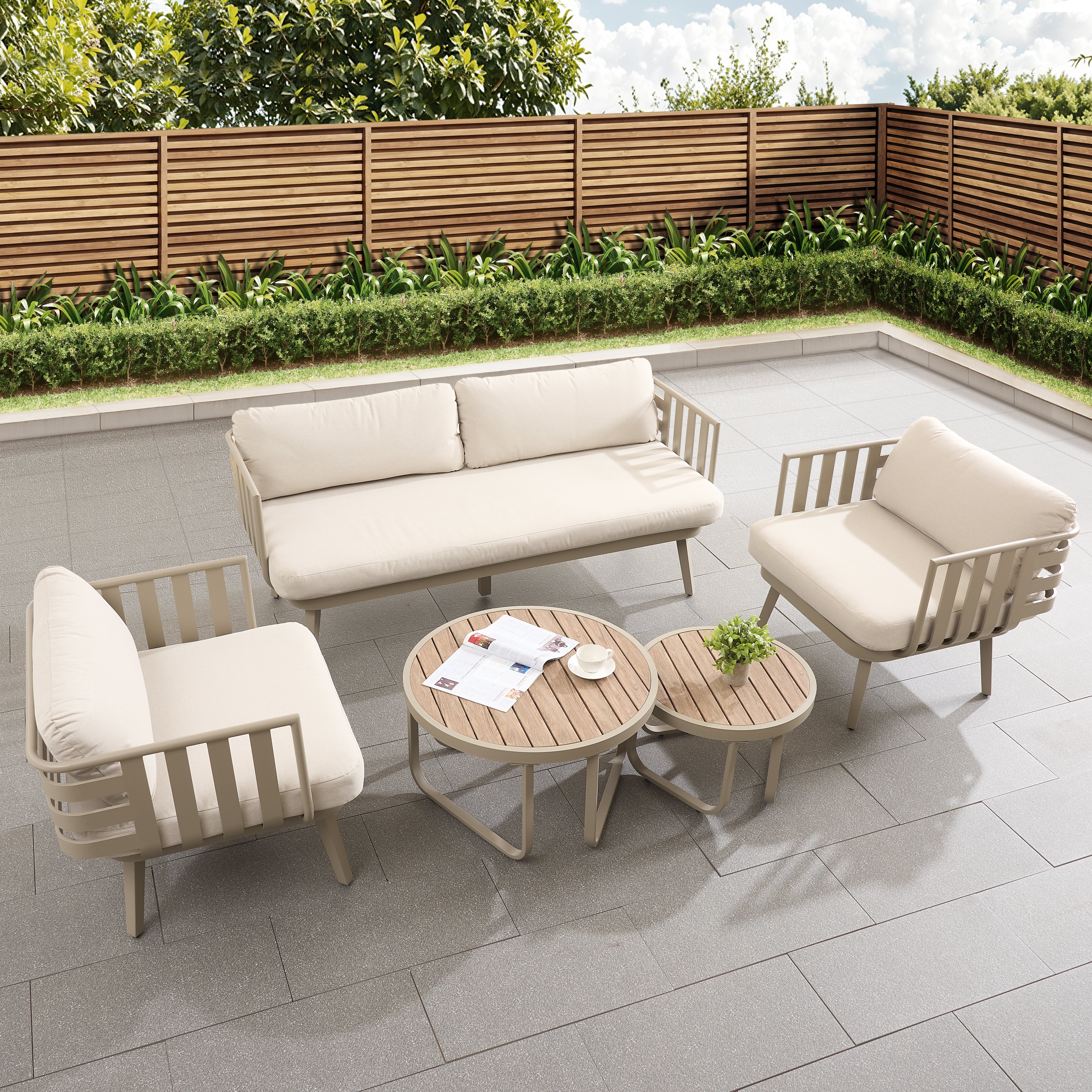 Venice Beige Aluminium 5 Seater Garden Sofa Set With Beige Cushions