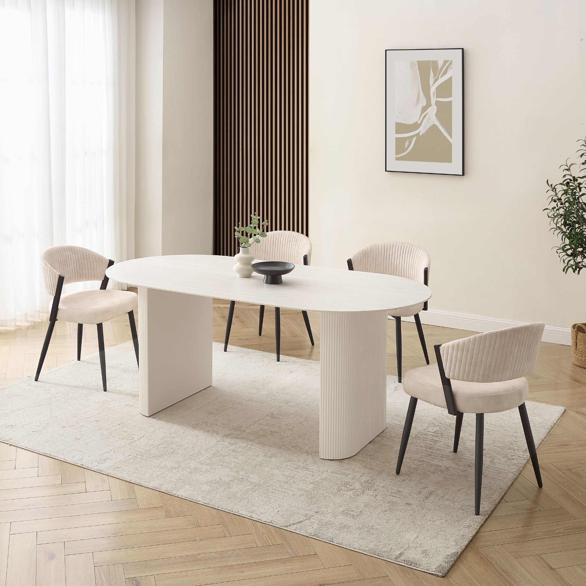 Sofia White Ceramic Dining Table with Cream Ribbed Base
