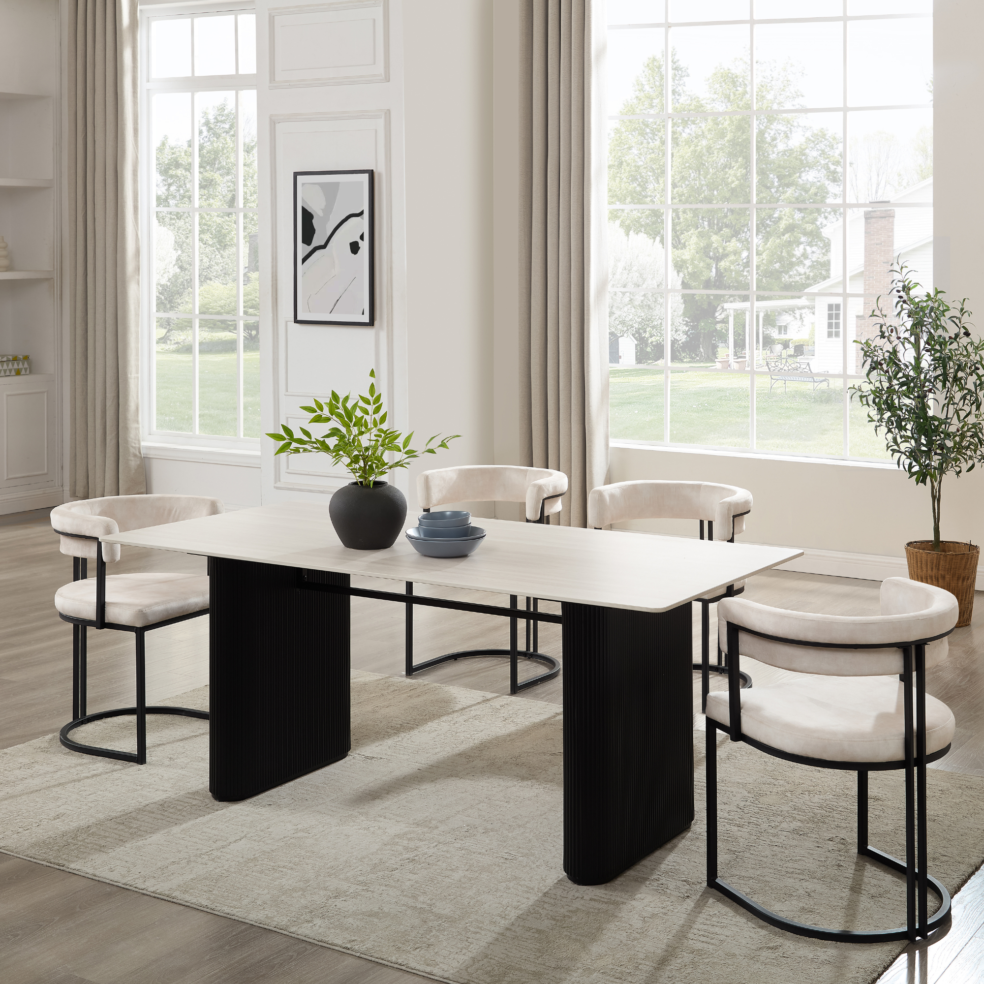 Siena White Ceramic Dining Table with Black Ribbed Base