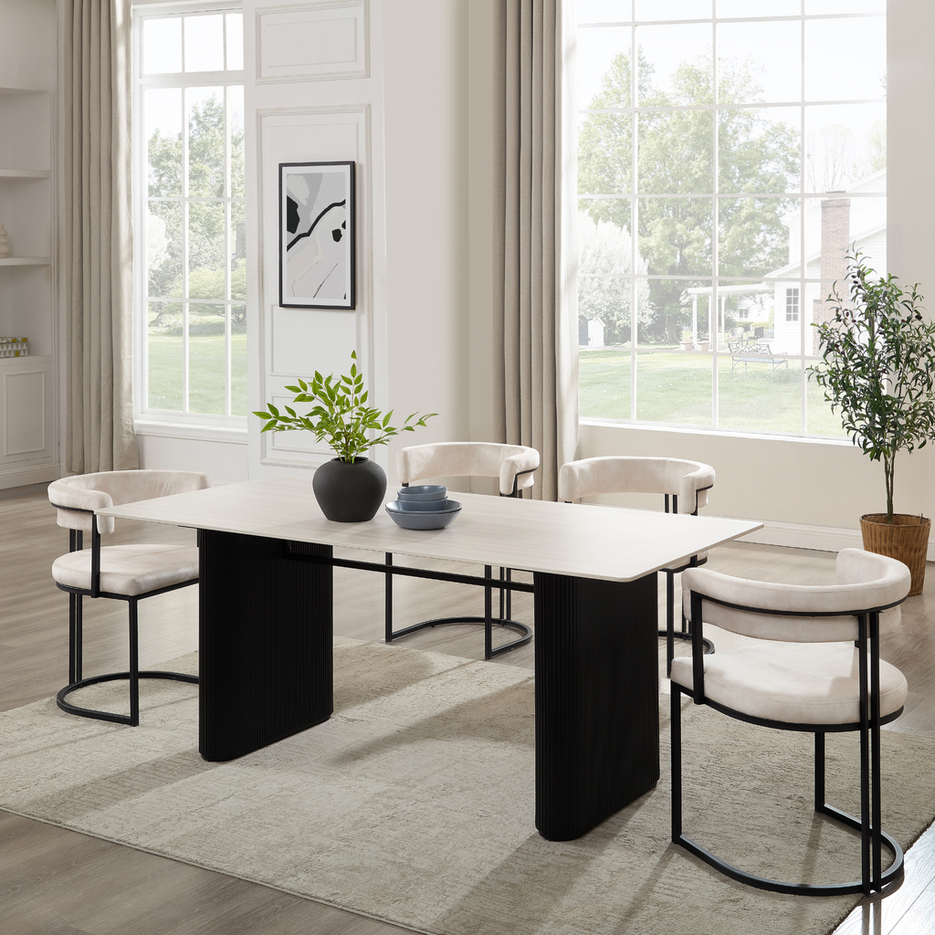 Siena White Ceramic Dining Table with Black Ribbed Base