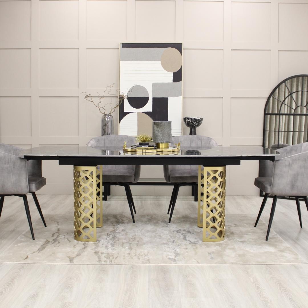 Black Ceramic Marble Effect Extending Dining Table Gold Base