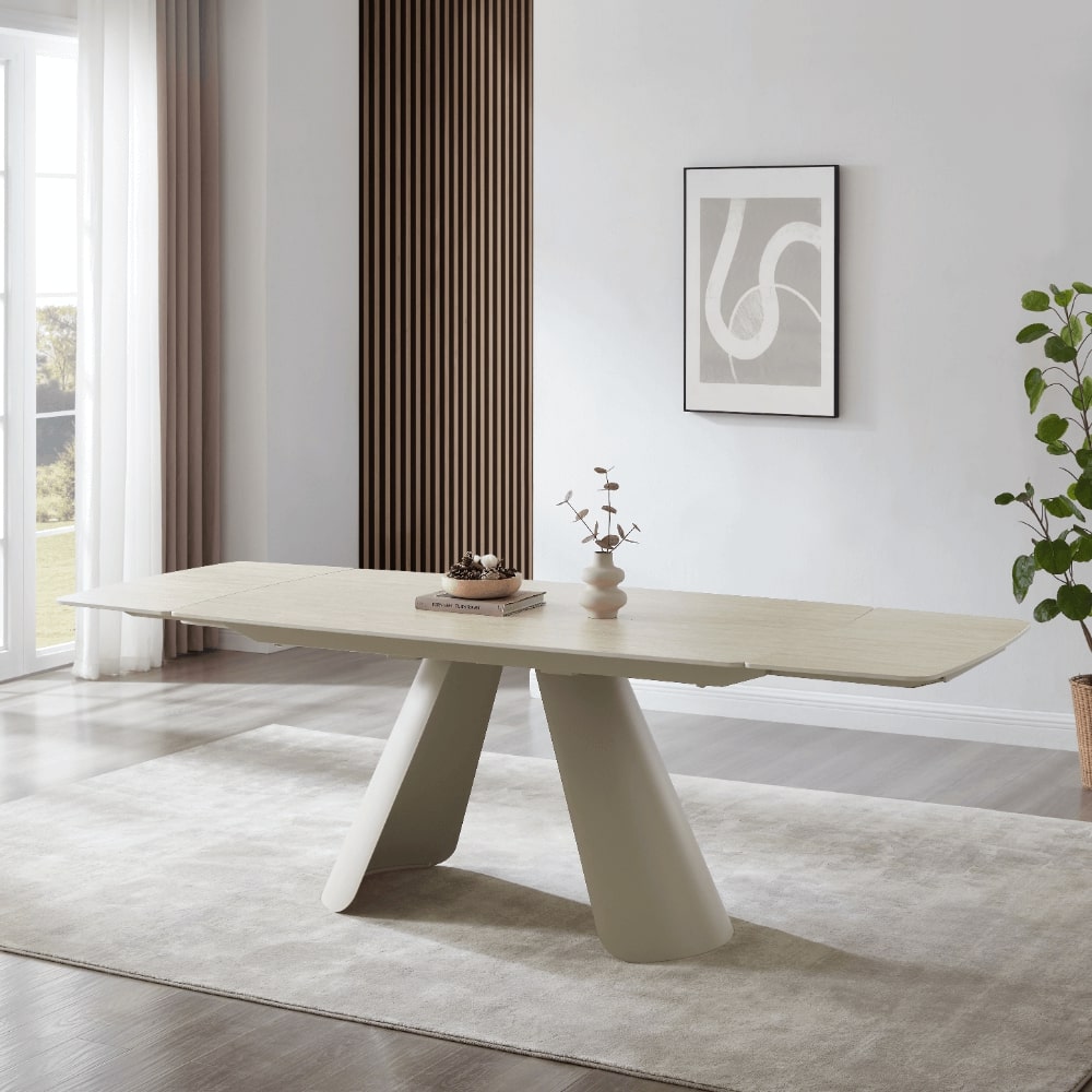 Petra Cream Ceramic Travertine Extending Dining Table With Beige Base