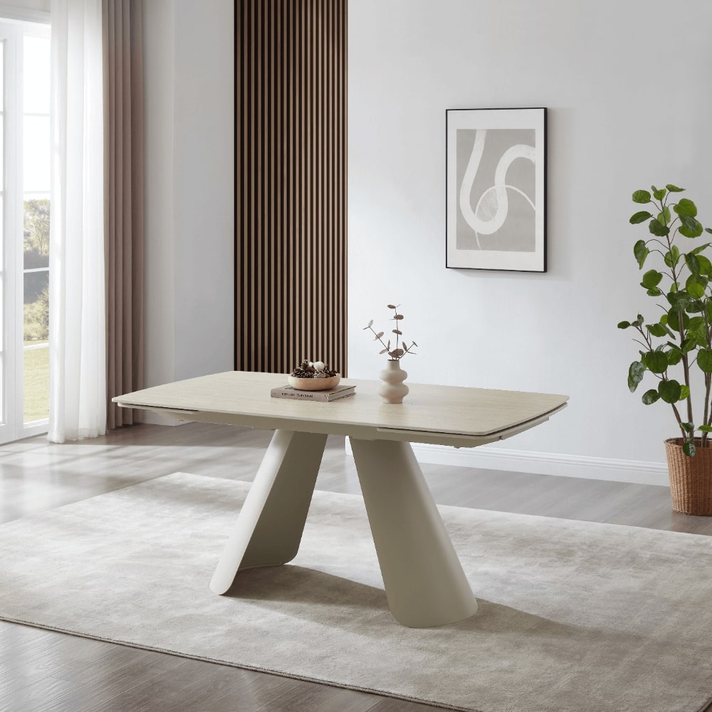 Petra Cream Ceramic Travertine Extending Dining Table With Beige Base