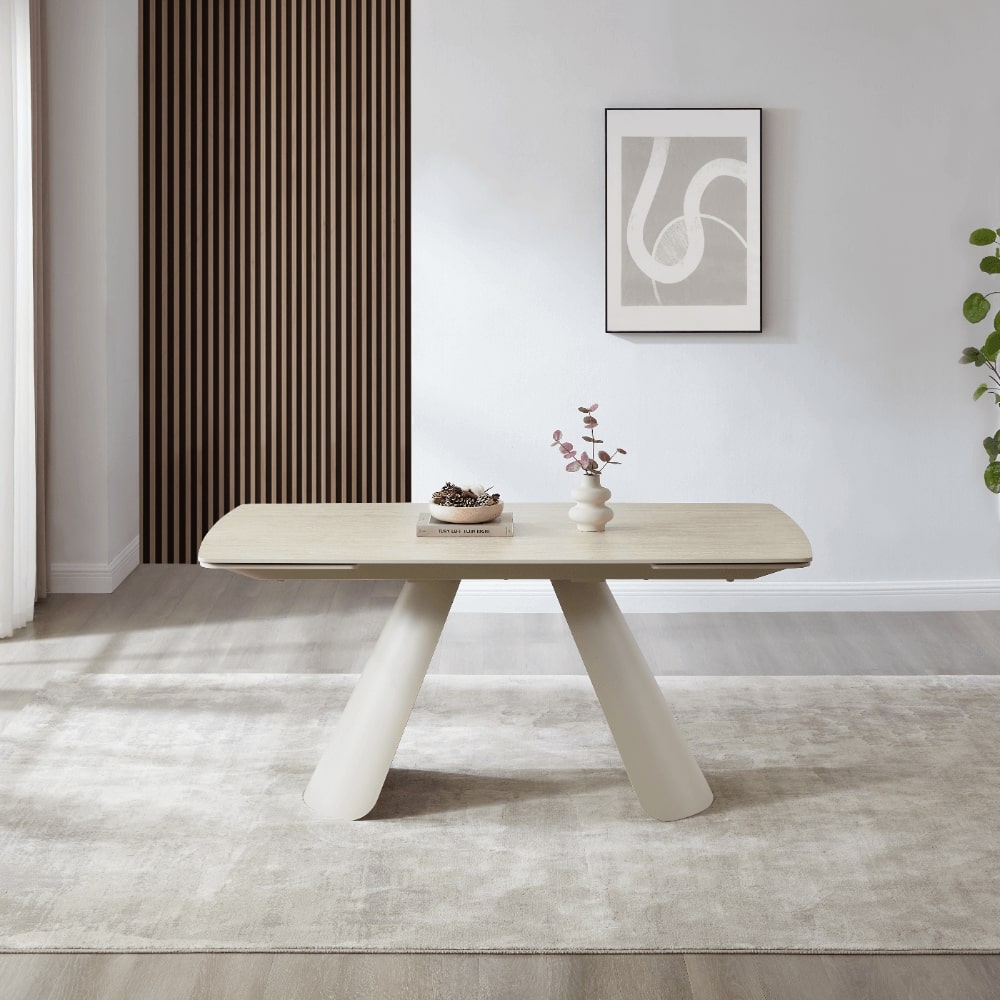 Petra Cream Ceramic Travertine Extending Dining Table With Beige Base