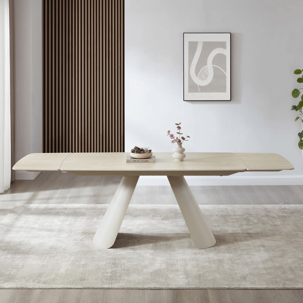 Petra Cream Ceramic Travertine Extending Dining Table With Beige Base