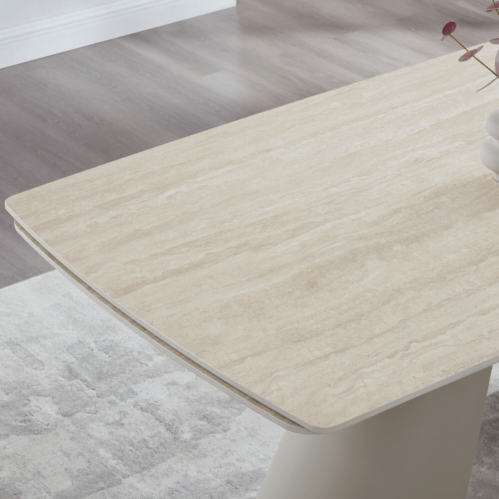 Petra Cream Ceramic Travertine Extending Dining Table With Beige Base