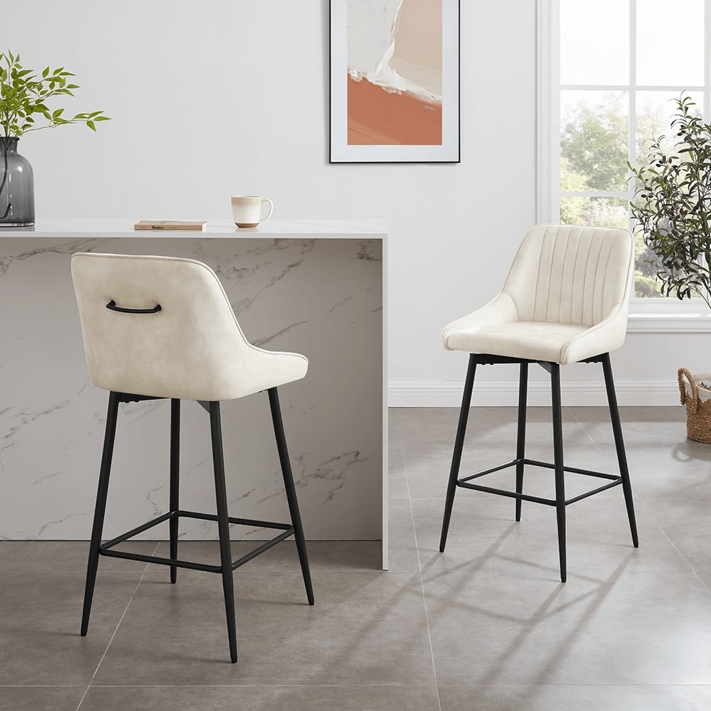 Amari Cream Velvet Swivel Bar Stool with Handle On Black Frame