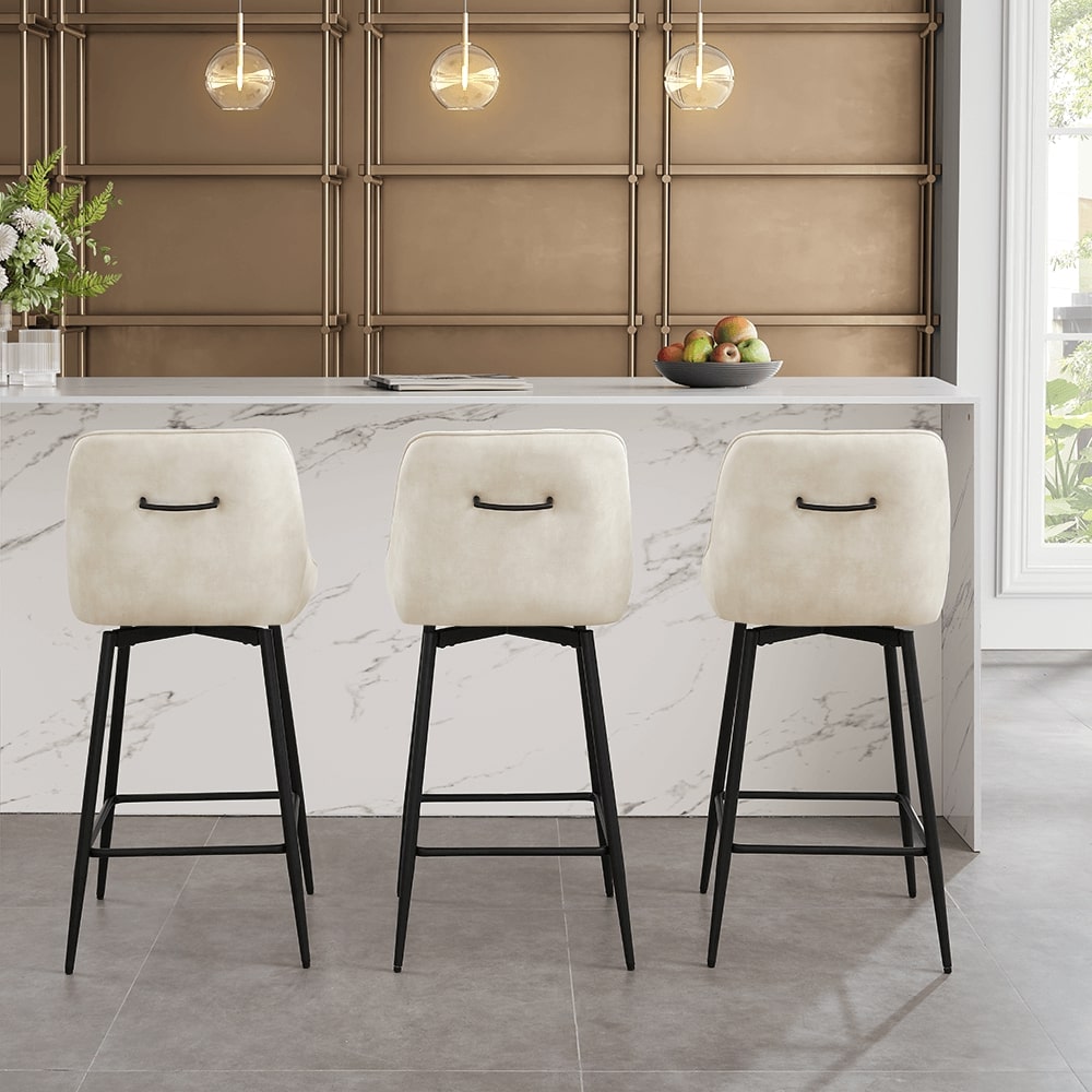 Amari Cream Velvet Swivel Bar Stool with Handle On Black Frame