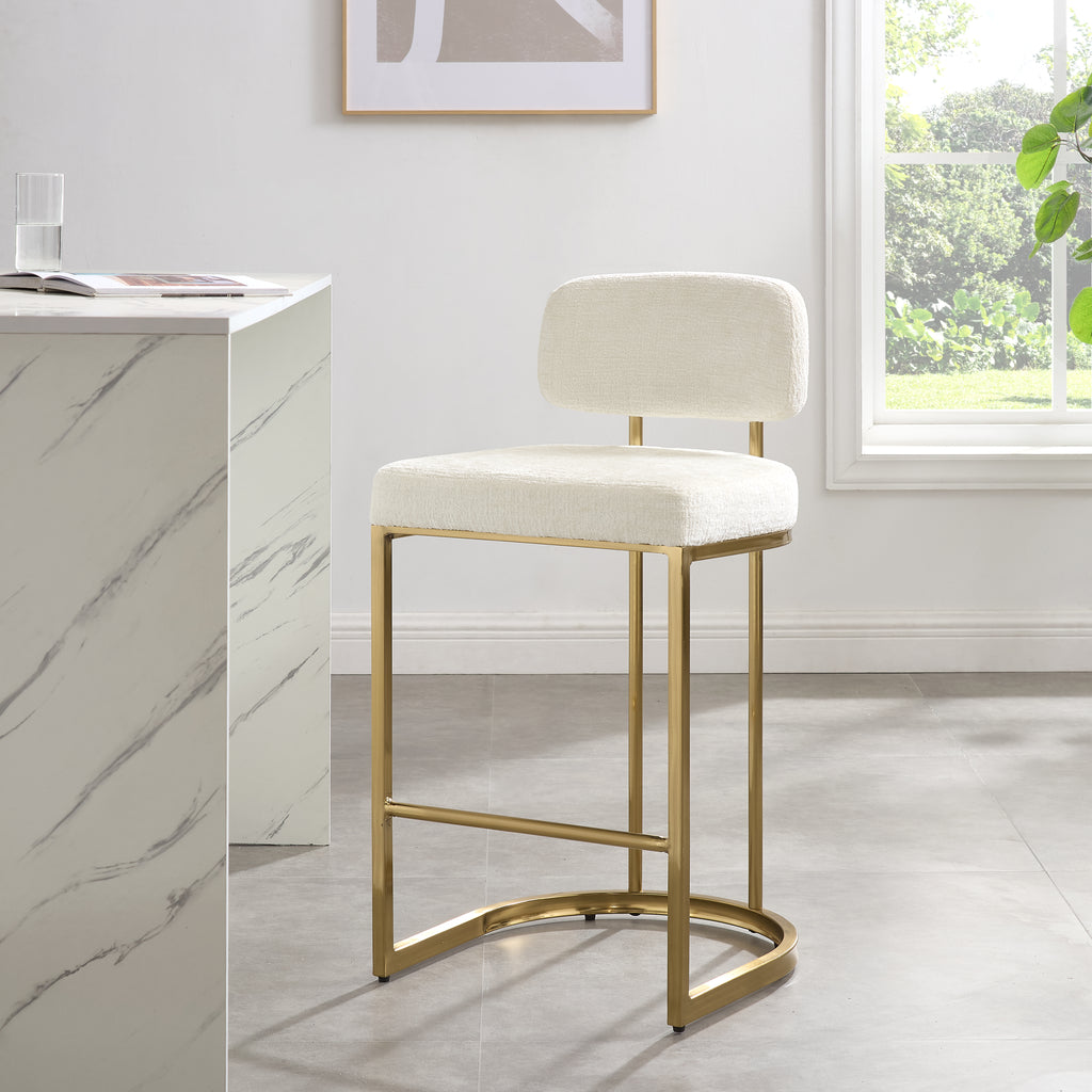 Rhea White Fabric Bar Stool With Brushed Gold Frame