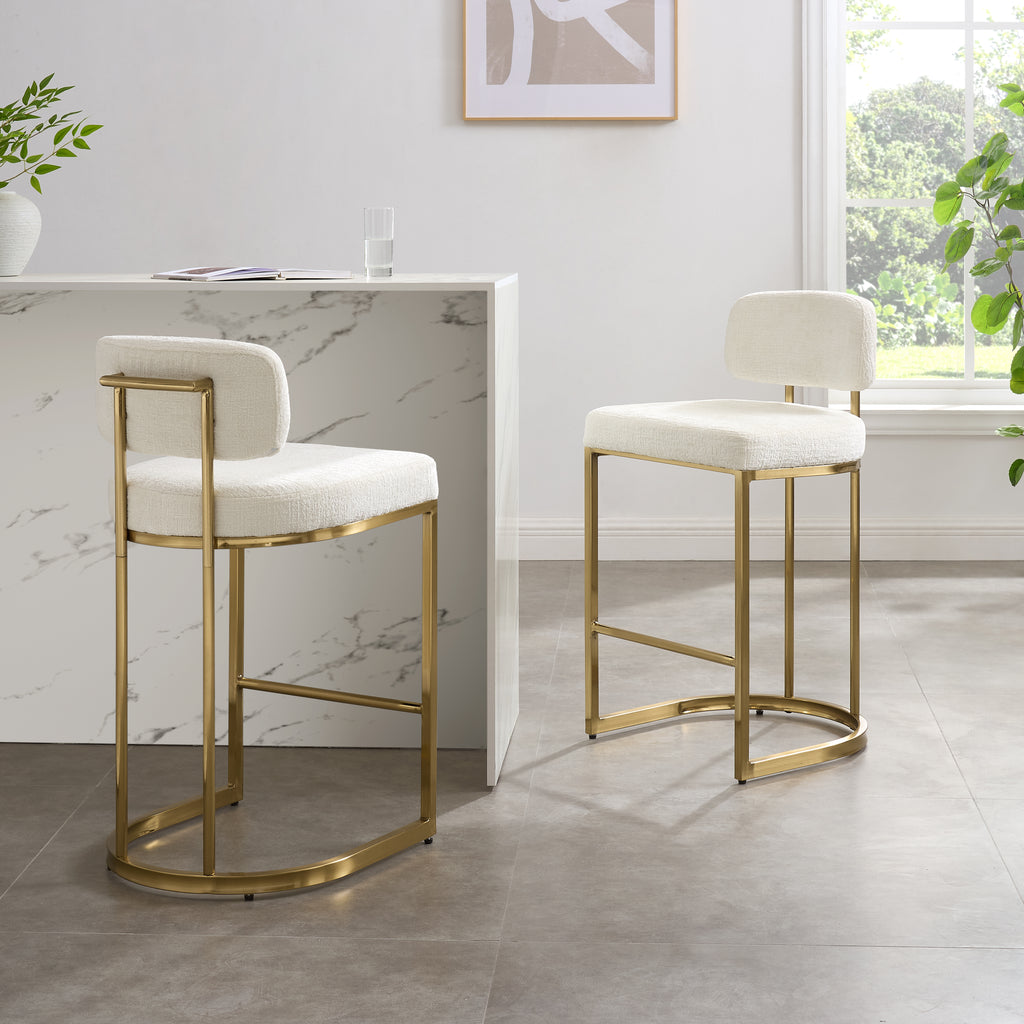 Rhea White Fabric Bar Stool With Brushed Gold Frame