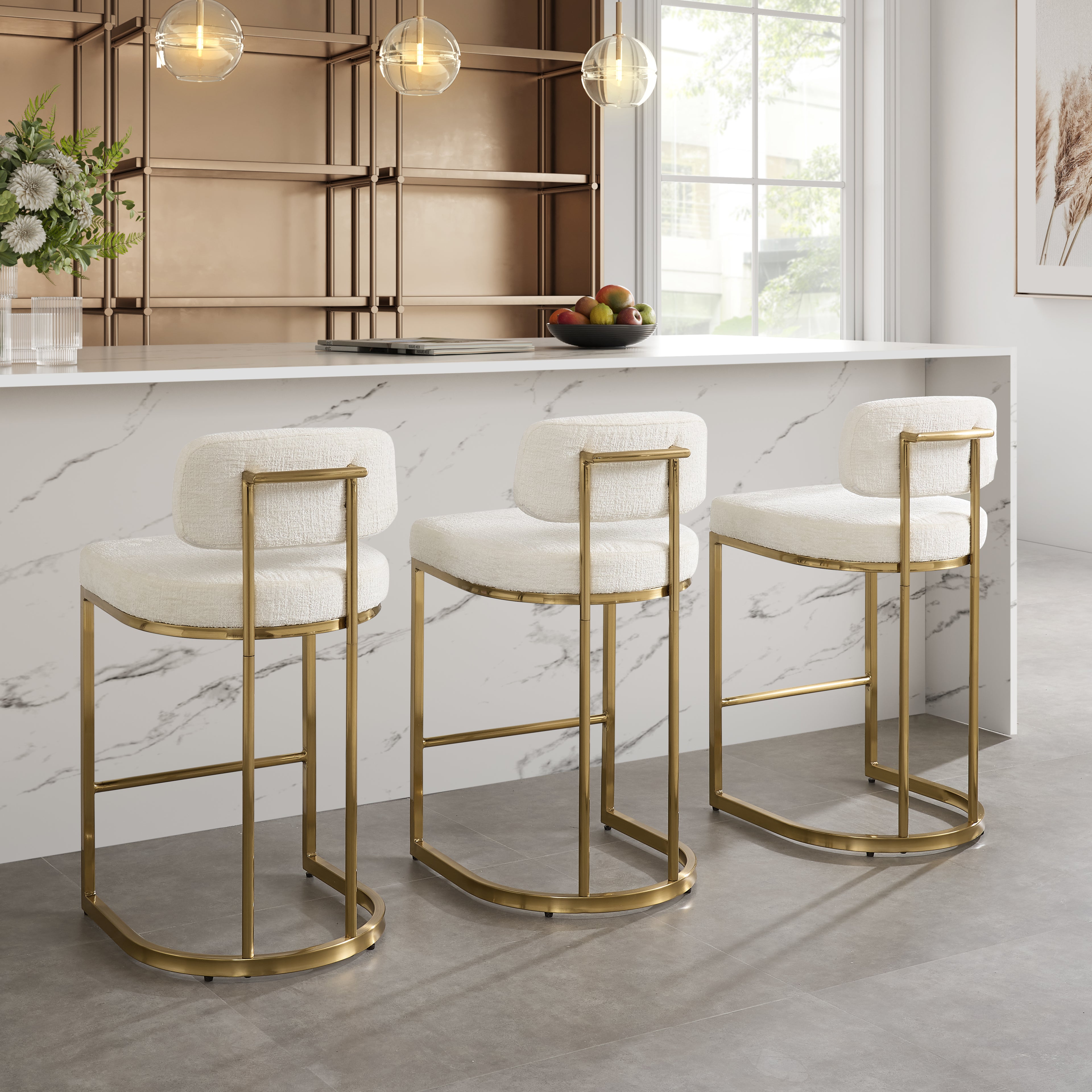 Rhea White Fabric Bar Stool With Brushed Gold Frame