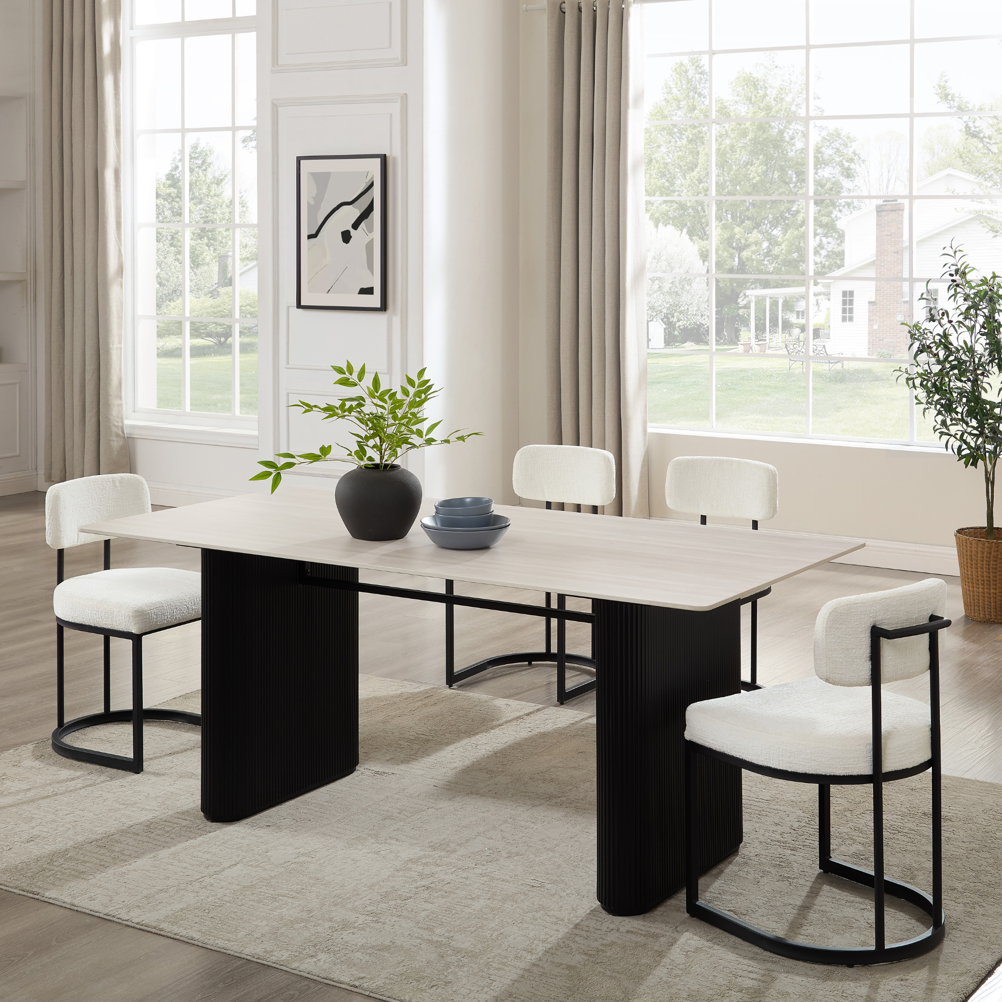 Siena White Ceramic Dining Table with Black Ribbed Base