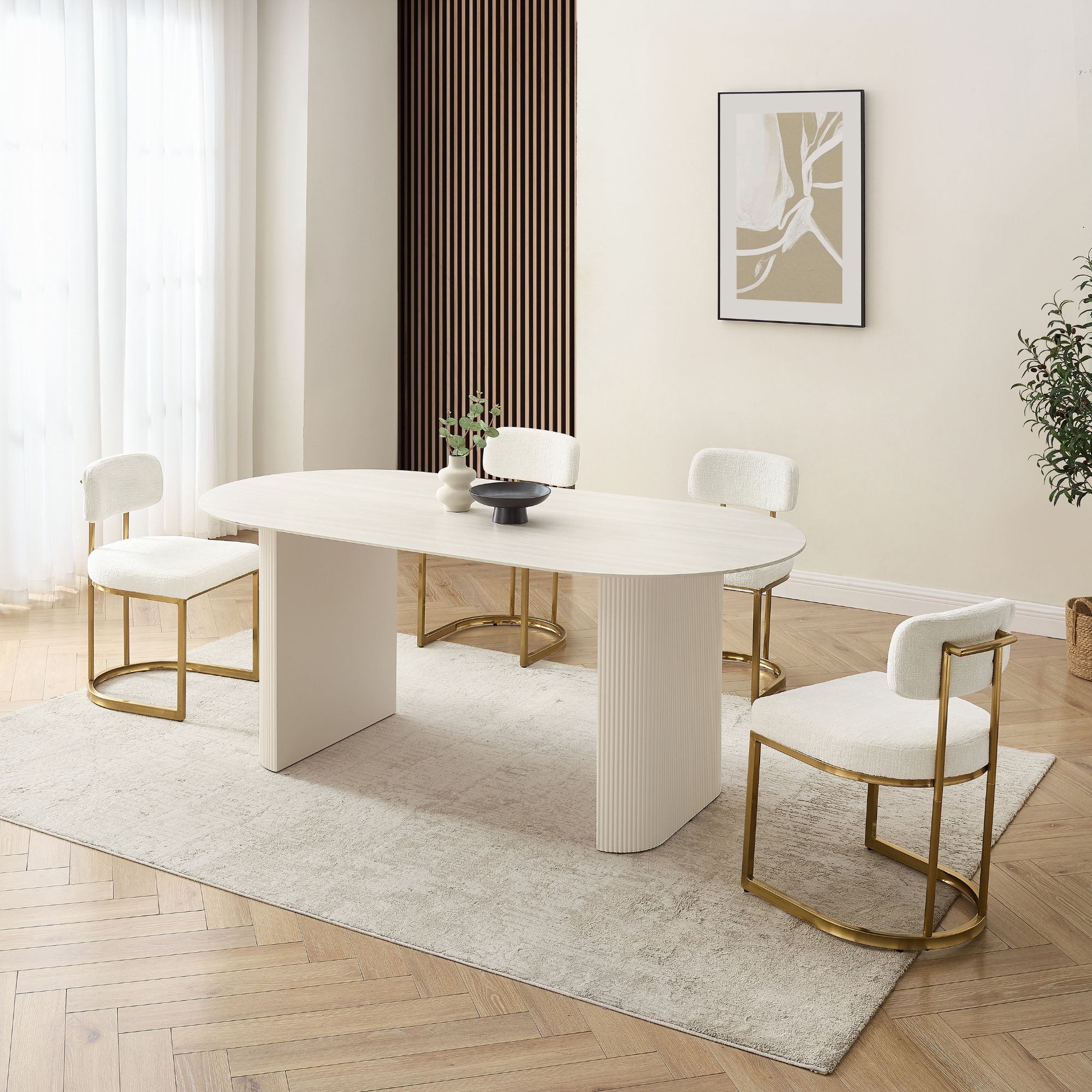 Sofia White Ceramic Dining Table with Cream Ribbed Base