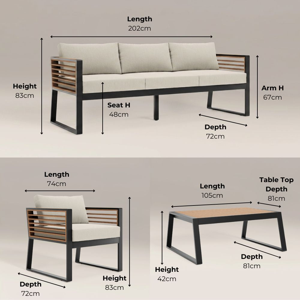 Rome Black Aluminium Garden Sofa Set with Cream Cushions