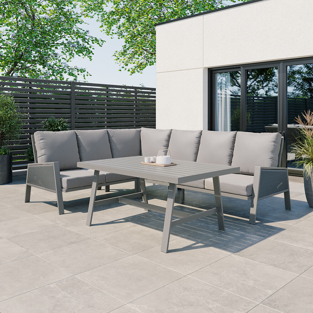 Sicily Light Grey Aluminium 6 Seater Garden Corner Sofa Dining Set