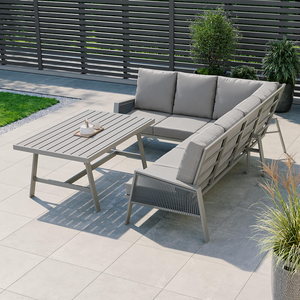 Sicily Light Grey Aluminium 6 Seater Garden Corner Sofa Dining Set