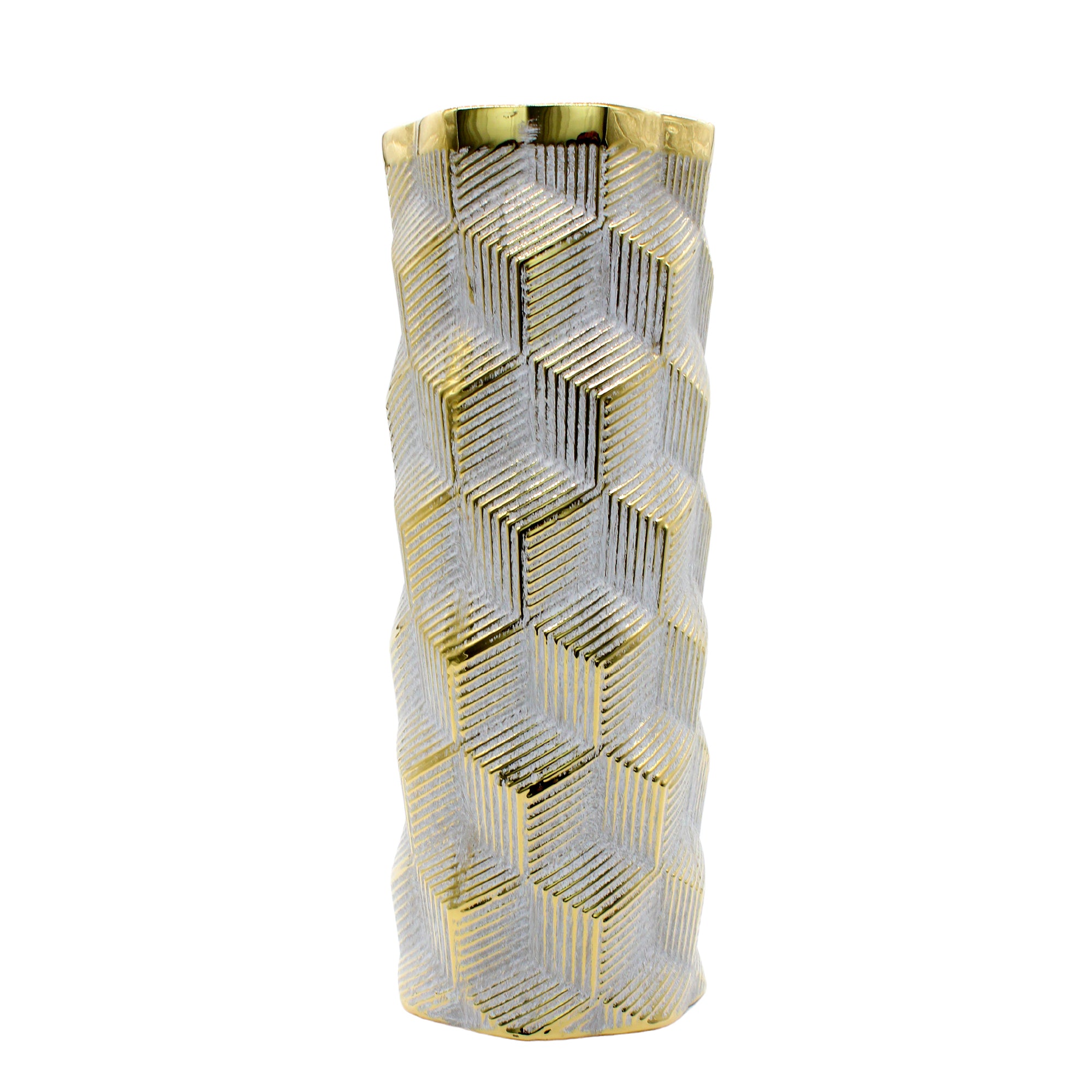 Tall Geometric Light Grey and Gold Vase