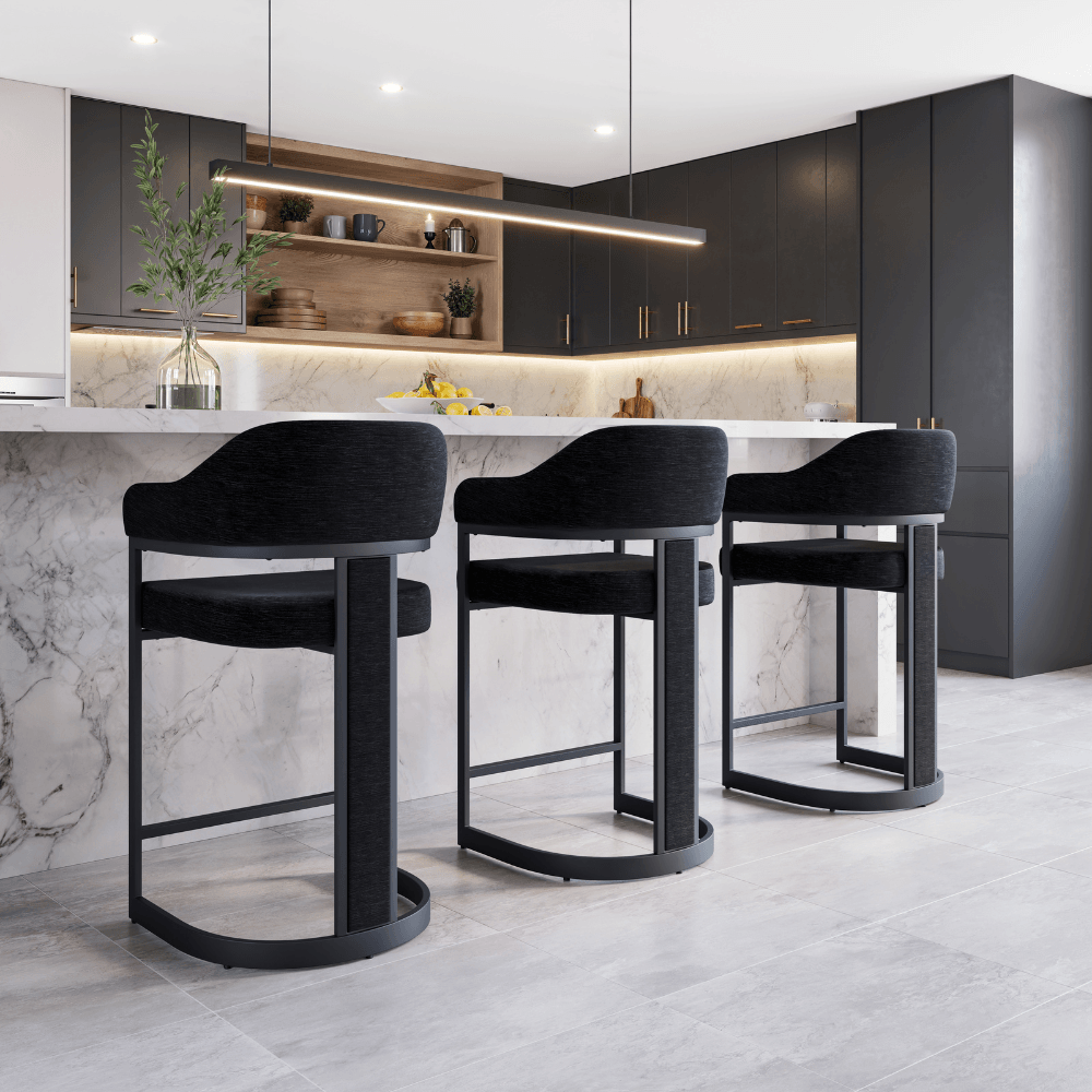 Camilla Curved Black Chenille Barstool
